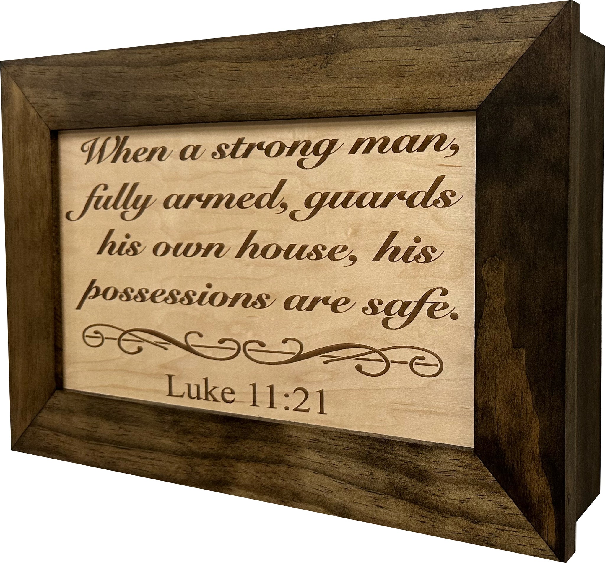 Wood Gun Cabinet Shop Bible Verse Luke 11:21 Hidden Gun Storage side view look