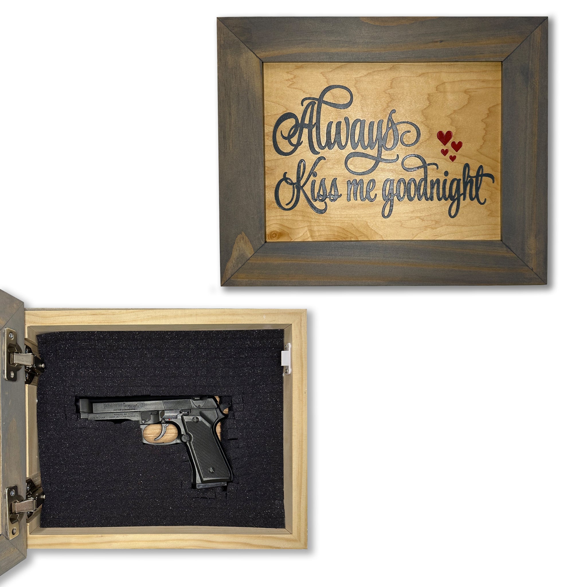 Bellewood Designs Always Kiss Me Goodnight hidden gun cabinet wall decor concealment shelf