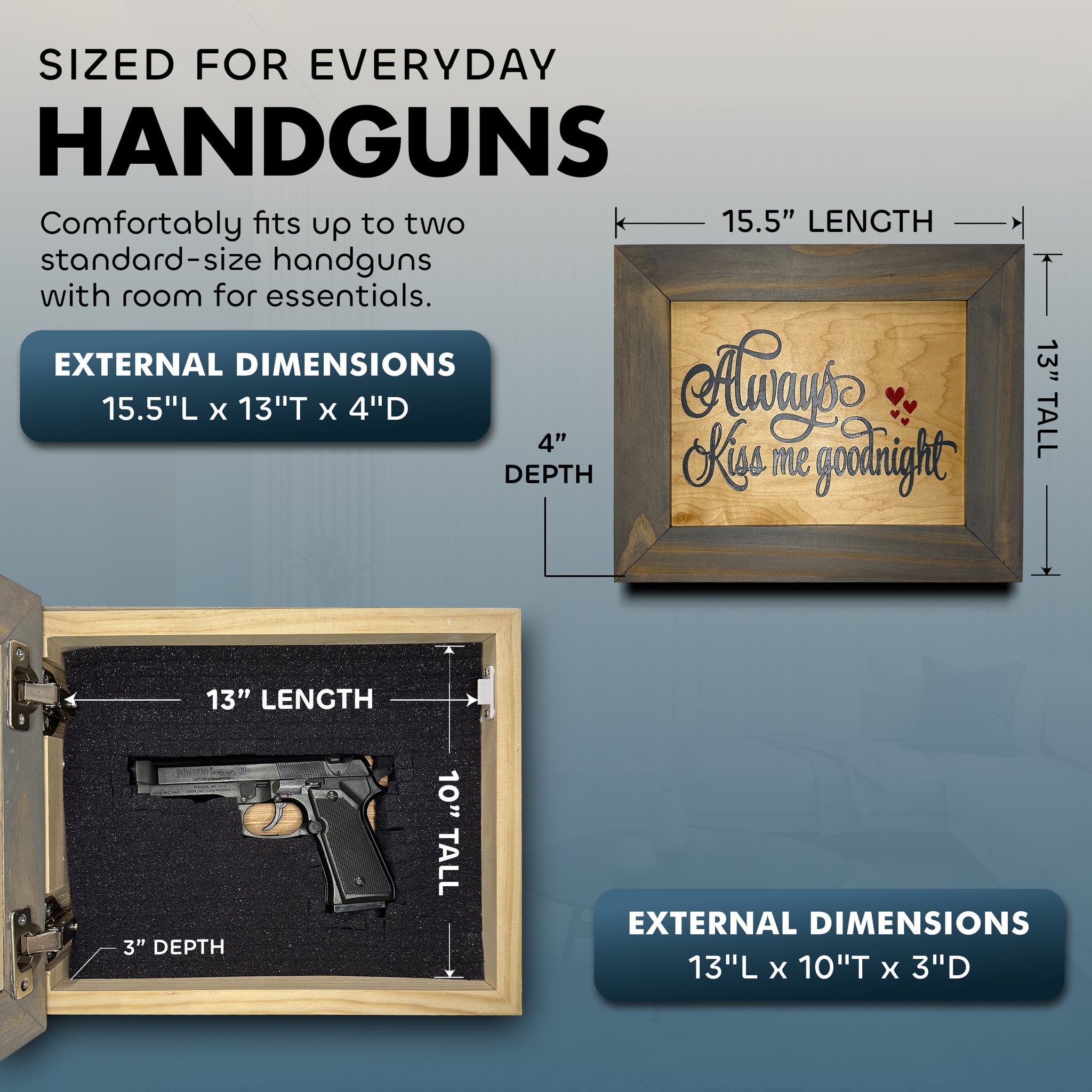 Bellewood Designs Always Kiss Me Goodnight hidden gun decor dimensions size chart handgun storage