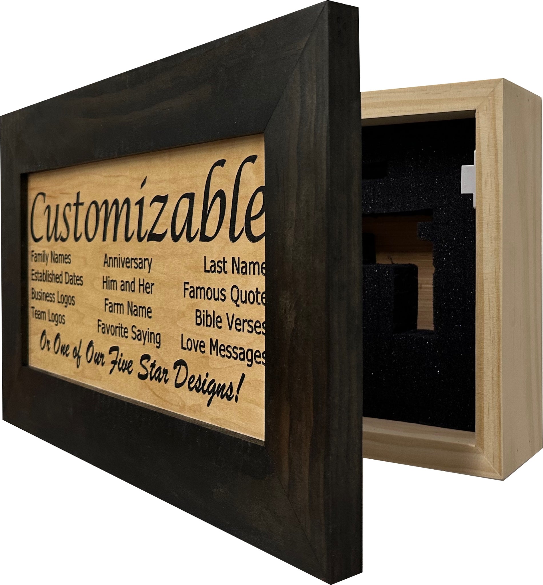 Bellewood Designs customizable hidden gun cabinet wall decor in black and natural wood, open side view showing foam-lined interior