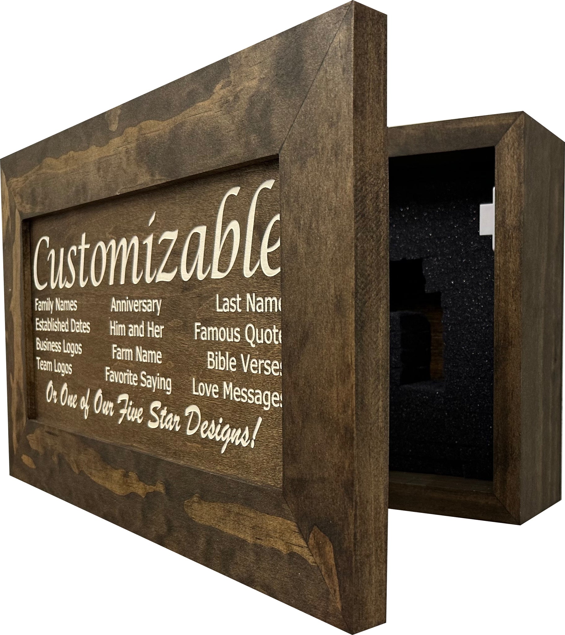 Bellewood Designs customizable hidden gun cabinet wall decor in Jacobean, open side view showing foam-lined interior