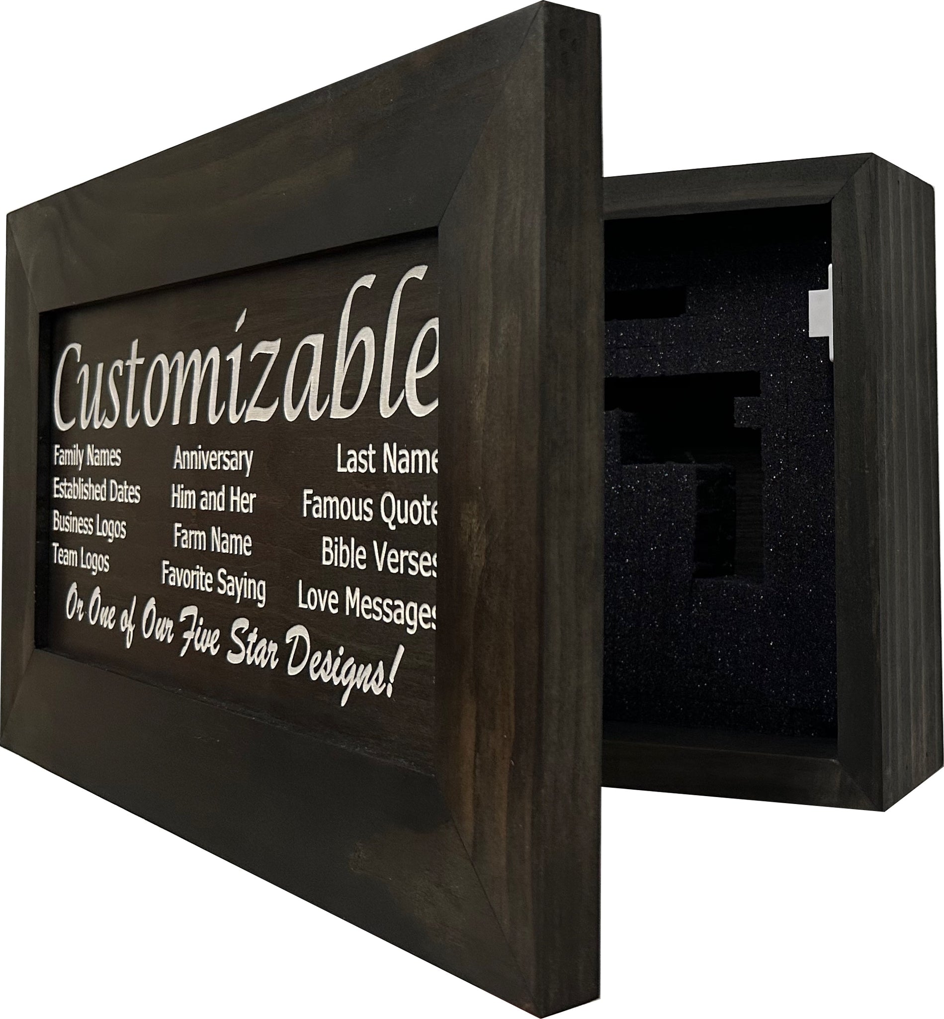 Bellewood Designs customizable hidden gun cabinet wall decor in black finish, open side view showing foam-lined interior
