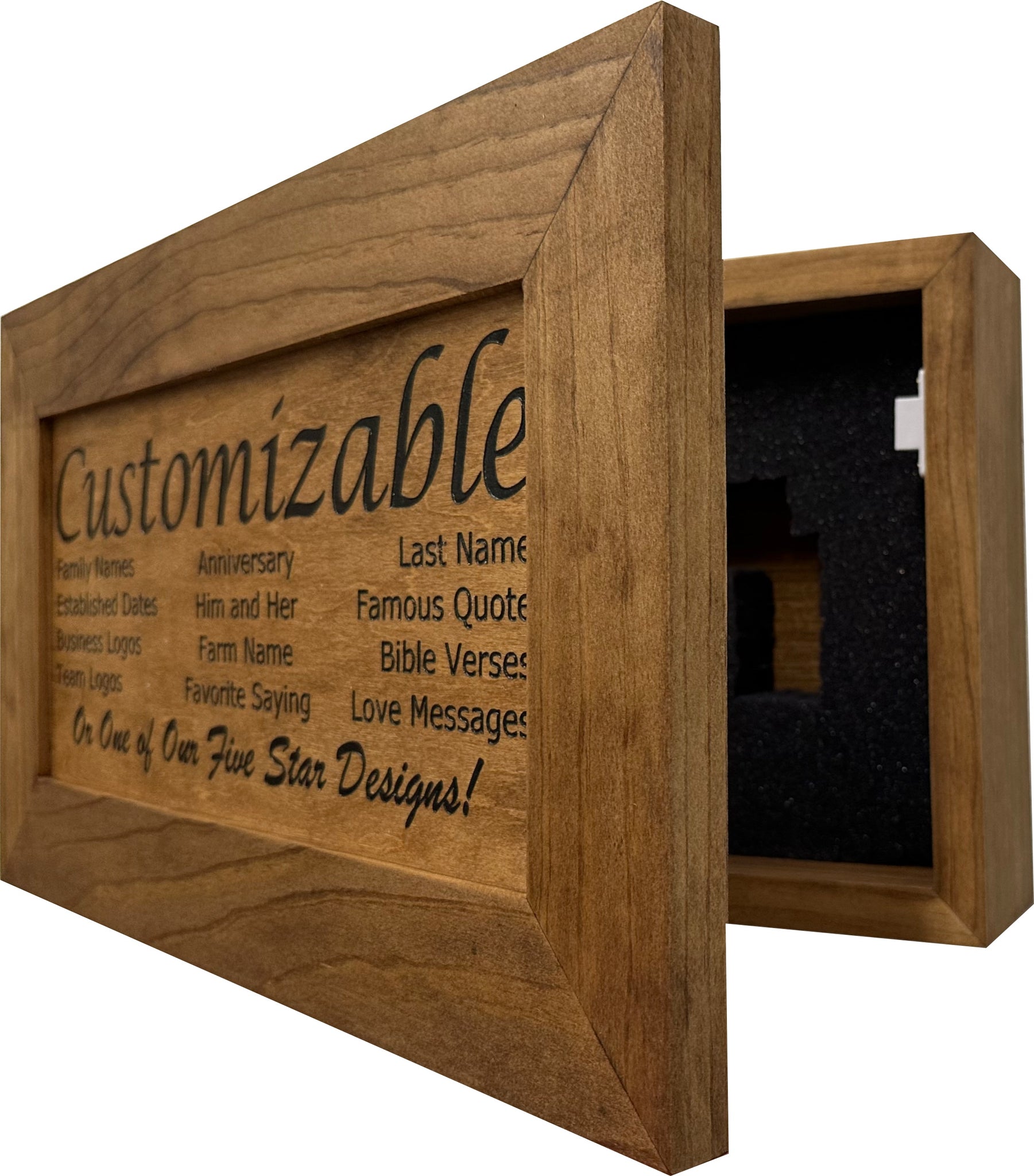 Bellewood Designs customizable hidden gun cabinet wall decor in early American finish, open side view showing foam-lined interior