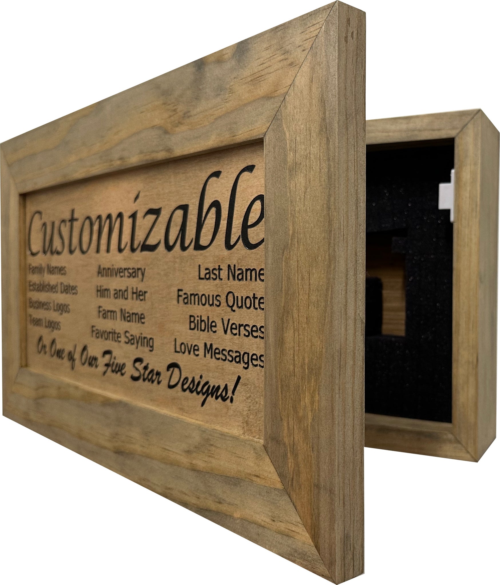 Bellewood Designs customizable hidden gun cabinet wall decor in ebony finish, open side view showing foam-lined interior