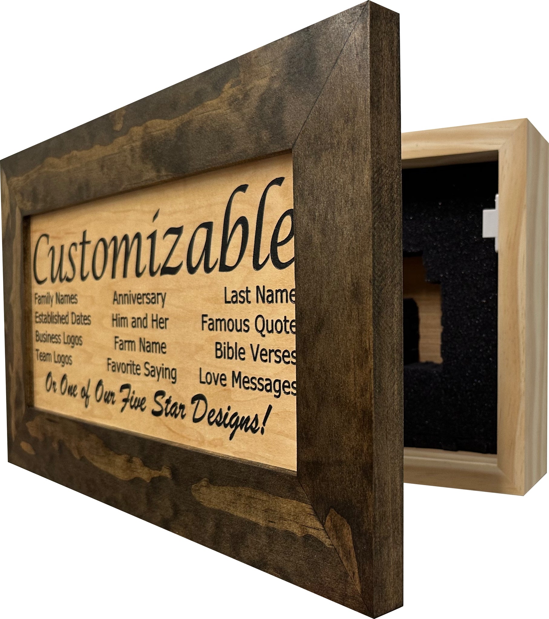 Bellewood Designs customizable hidden gun cabinet wall decor in Jacobean & natural wood, open side view showing foam interior