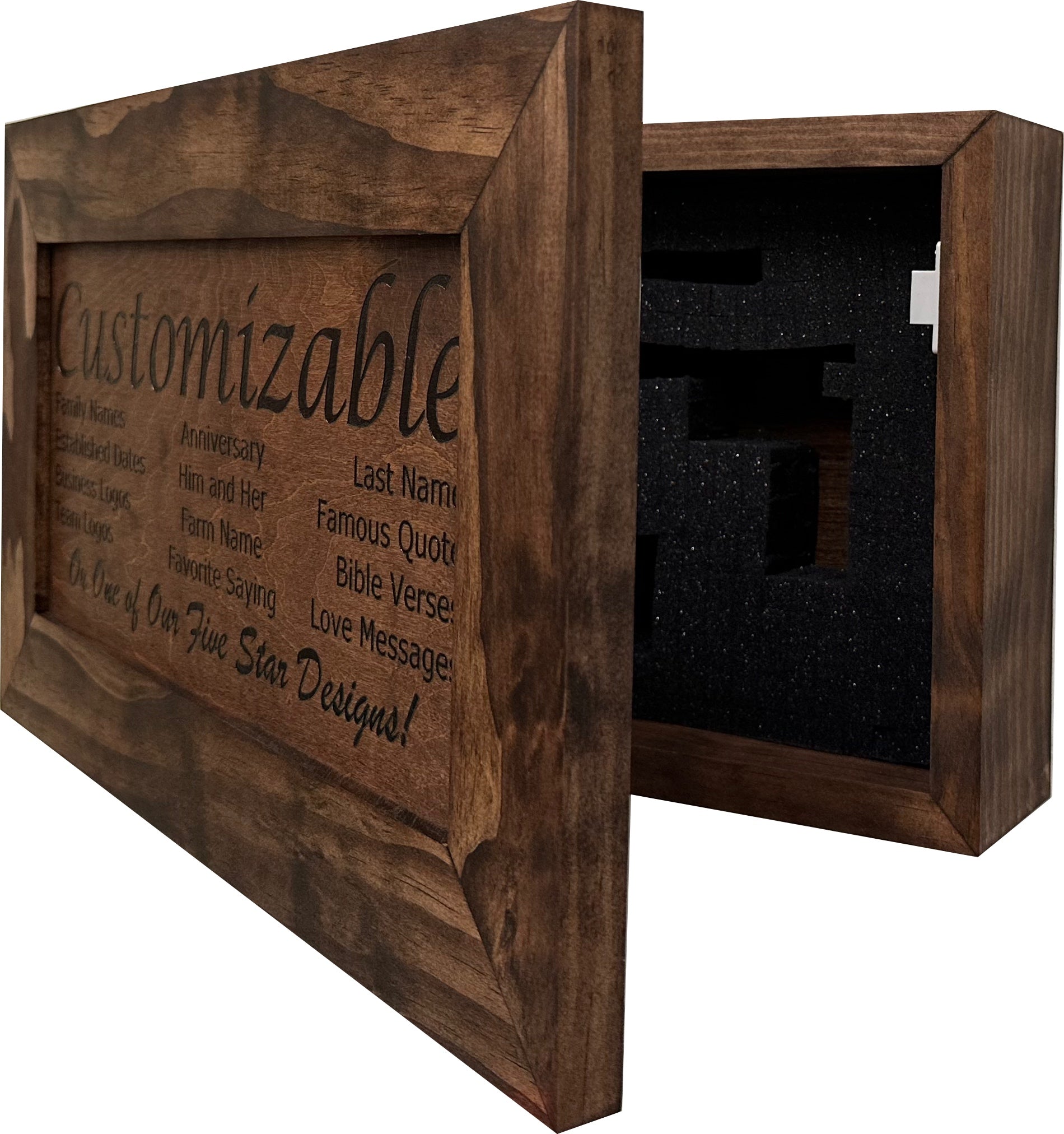 Bellewood Designs customizable hidden gun cabinet wall decor in red mahogany, open side view showing foam-lined interior