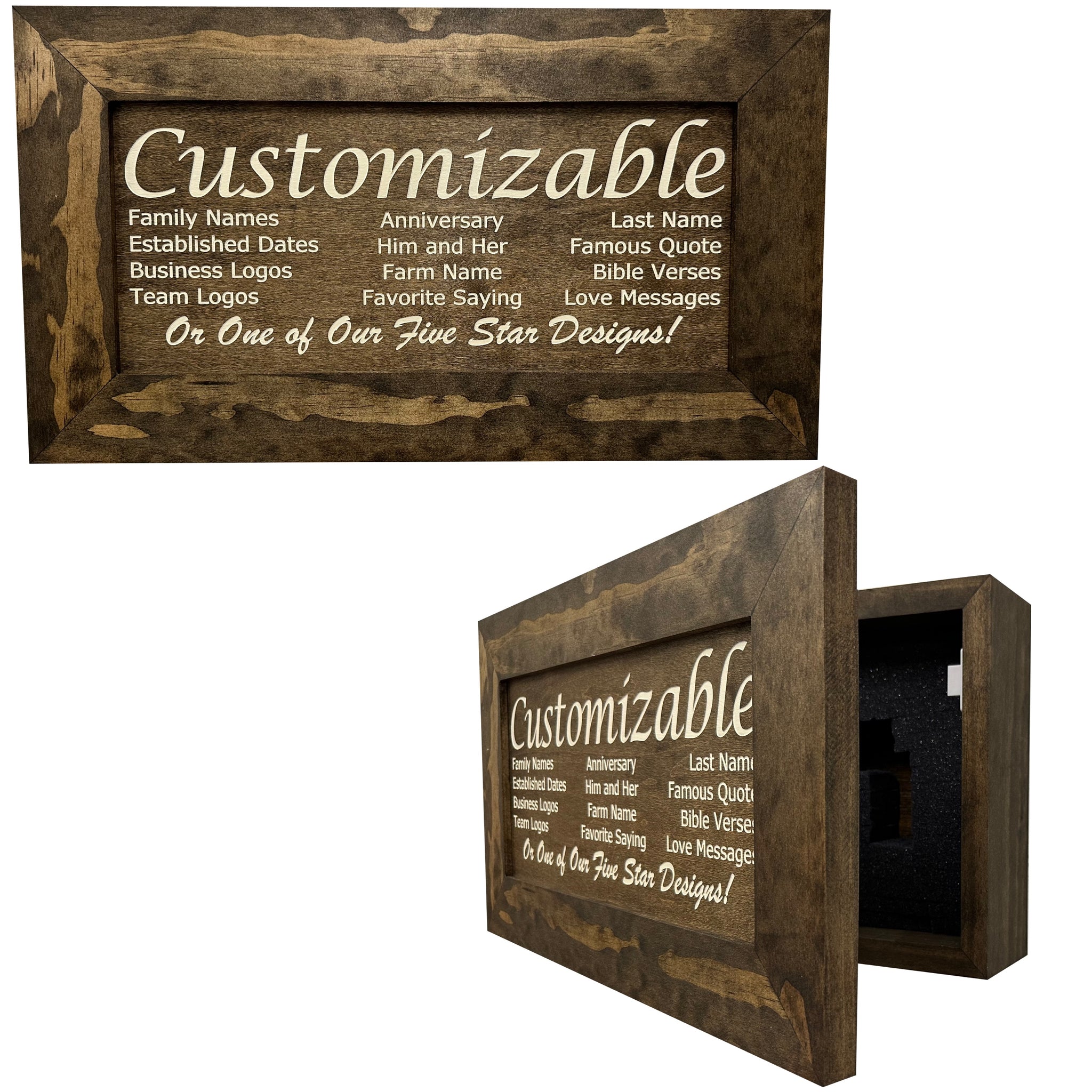 Bellewood Designs customizable hidden gun cabinet wall decor in Jacobean, personalized with family names, quotes, or logos