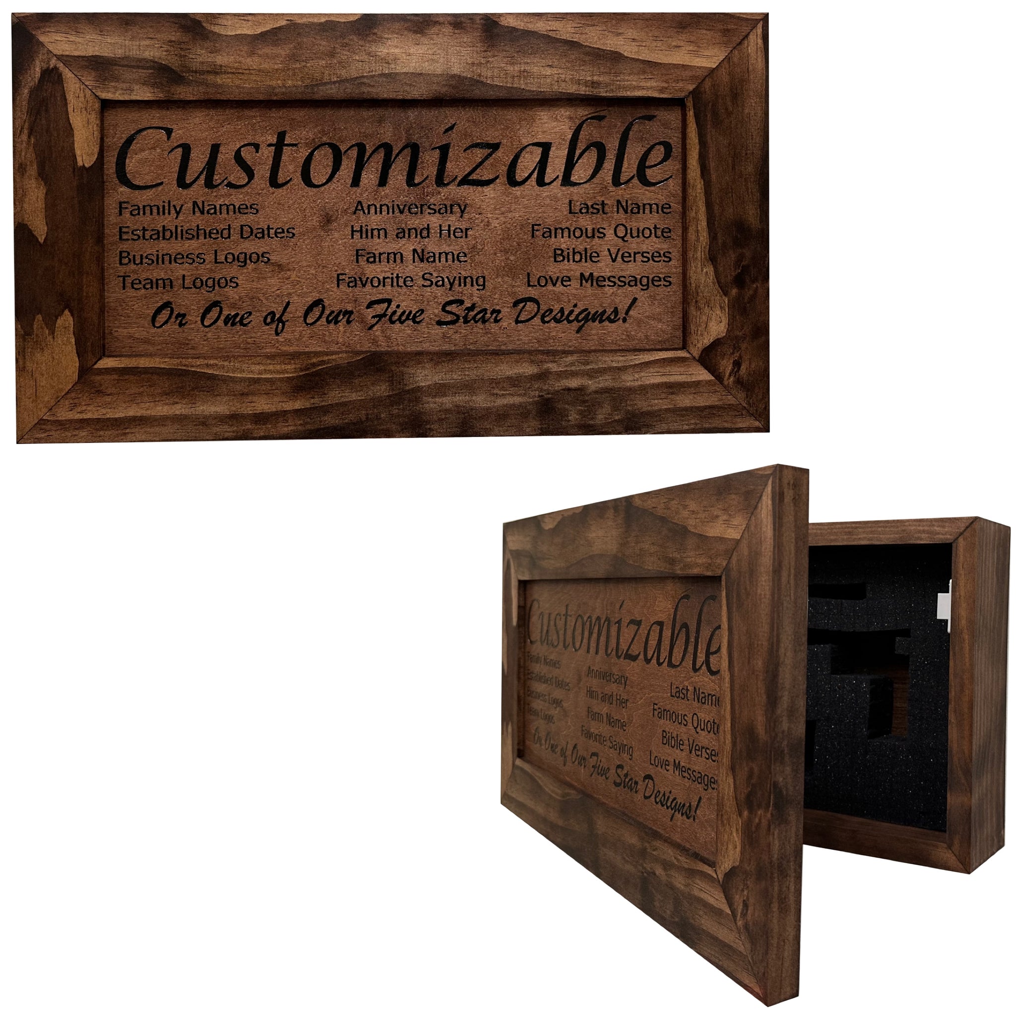 Bellewood Designs customizable hidden gun cabinet wall decor in red mahogany, personalized with family names, quotes, or logos