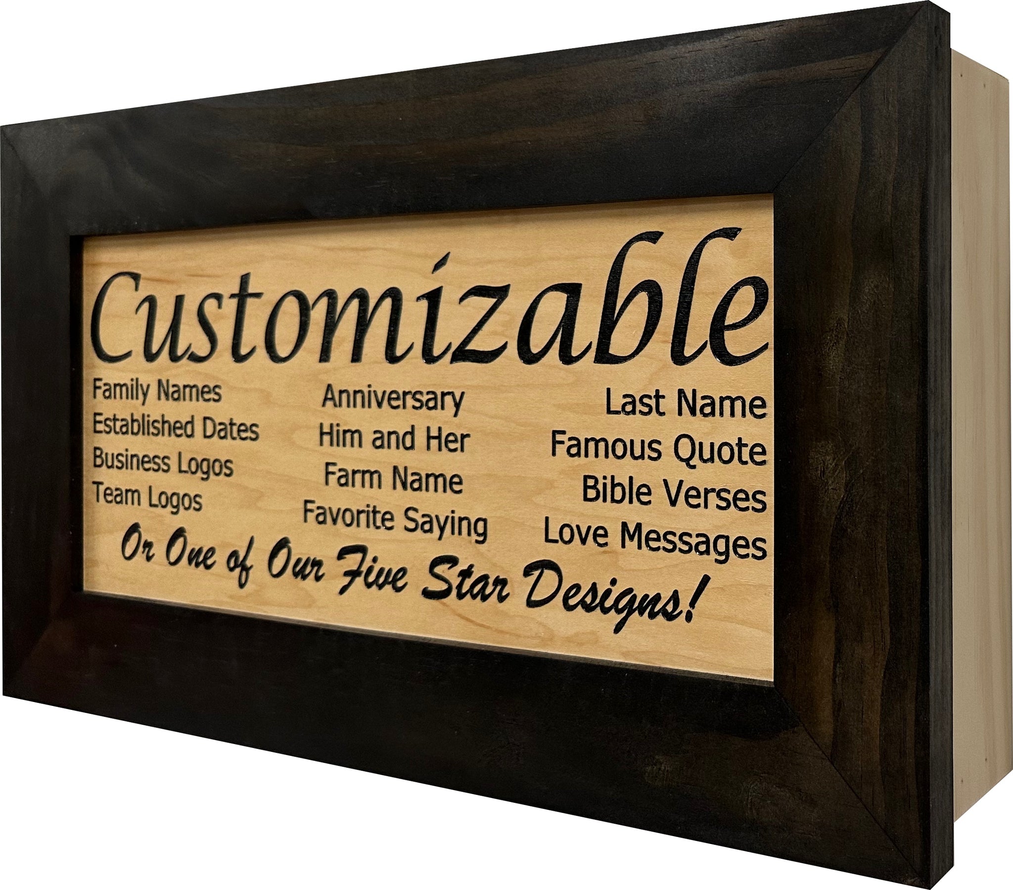 Bellewood Designs customizable hidden gun cabinet wall decor side angle view in black frame and natural wood finish