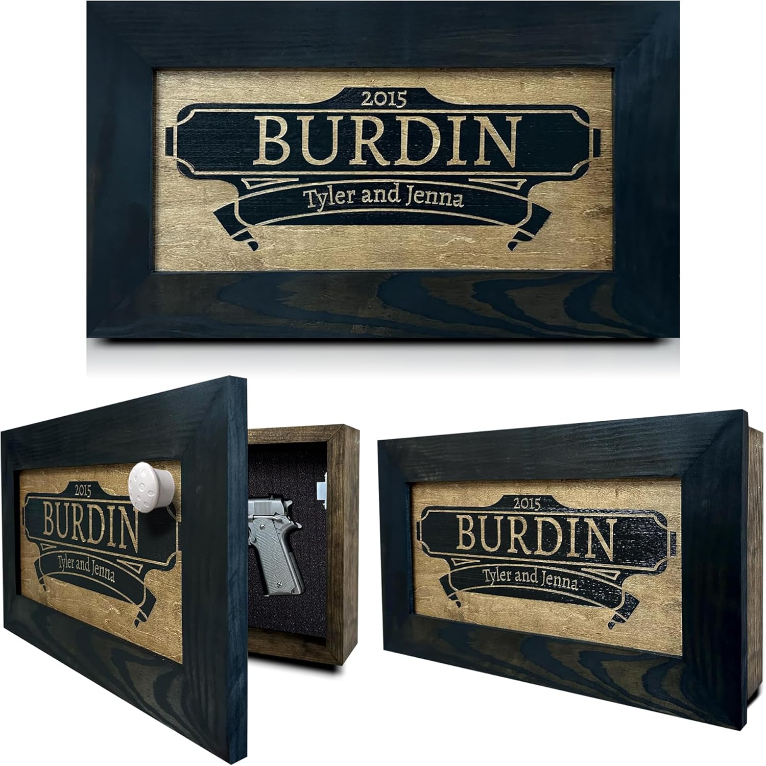 Bellewood Designs customizable hidden gun storage wall decor with magnetic lock, engraved family name in black and gold finish