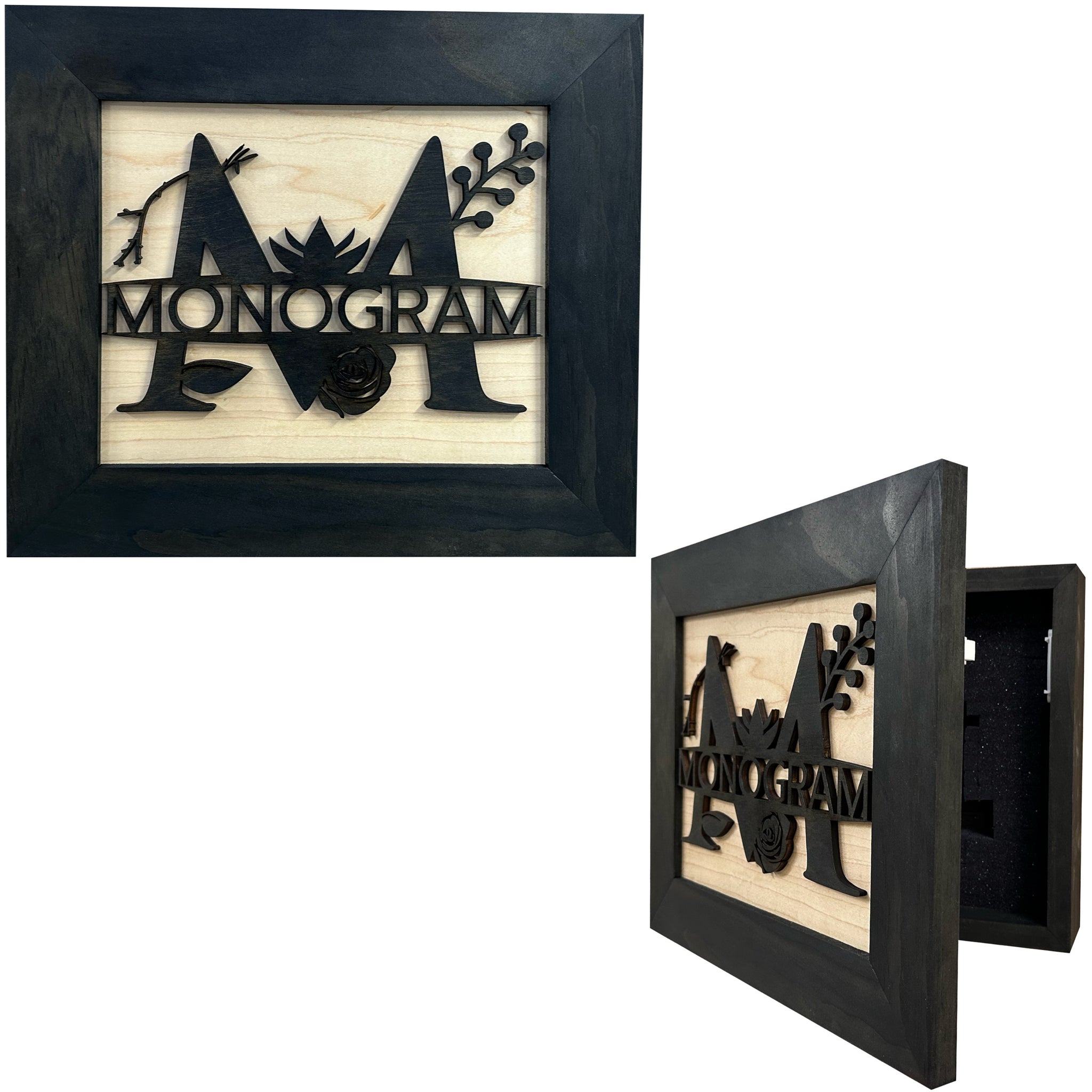 Bellewood Designs customizable split letter monogram hidden gun storage wall decor in black and natural wood