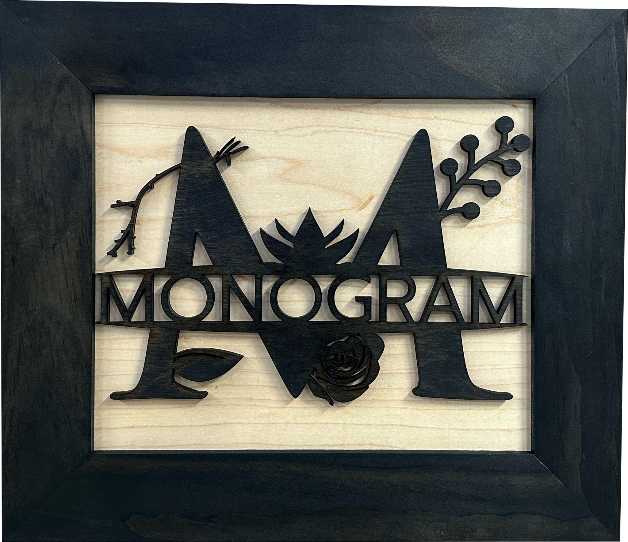Bellewood Designs split letter monogram hidden gun storage wall decor with floral design in black and natural wood