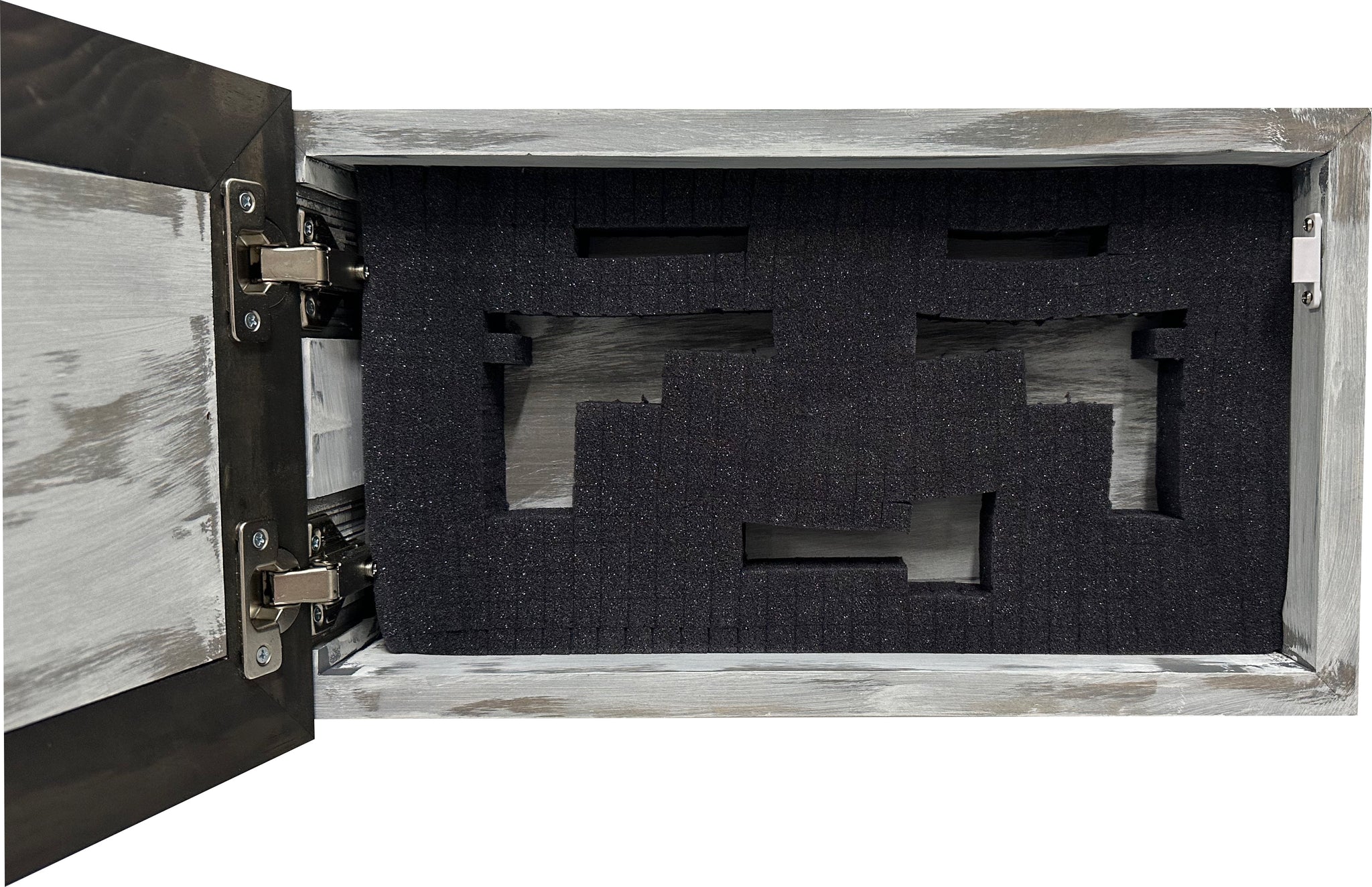 Bellewood Designs distressed hidden gun cabinet interior with pluck foam handgun cutouts and metal hinges in white finish