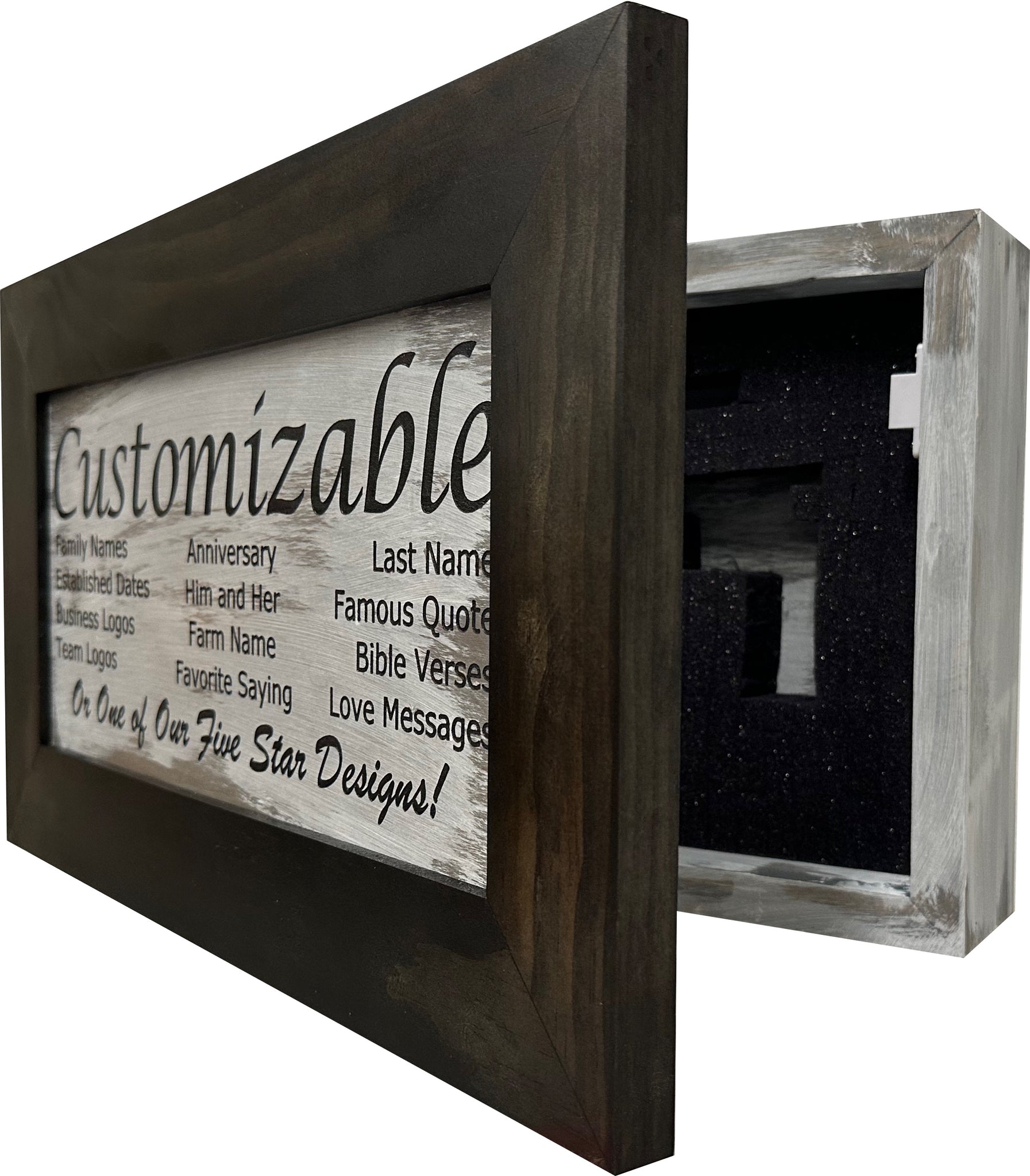 Bellewood Designs distressed personalized hidden gun cabinet open side view in dark frame and white distressed finish