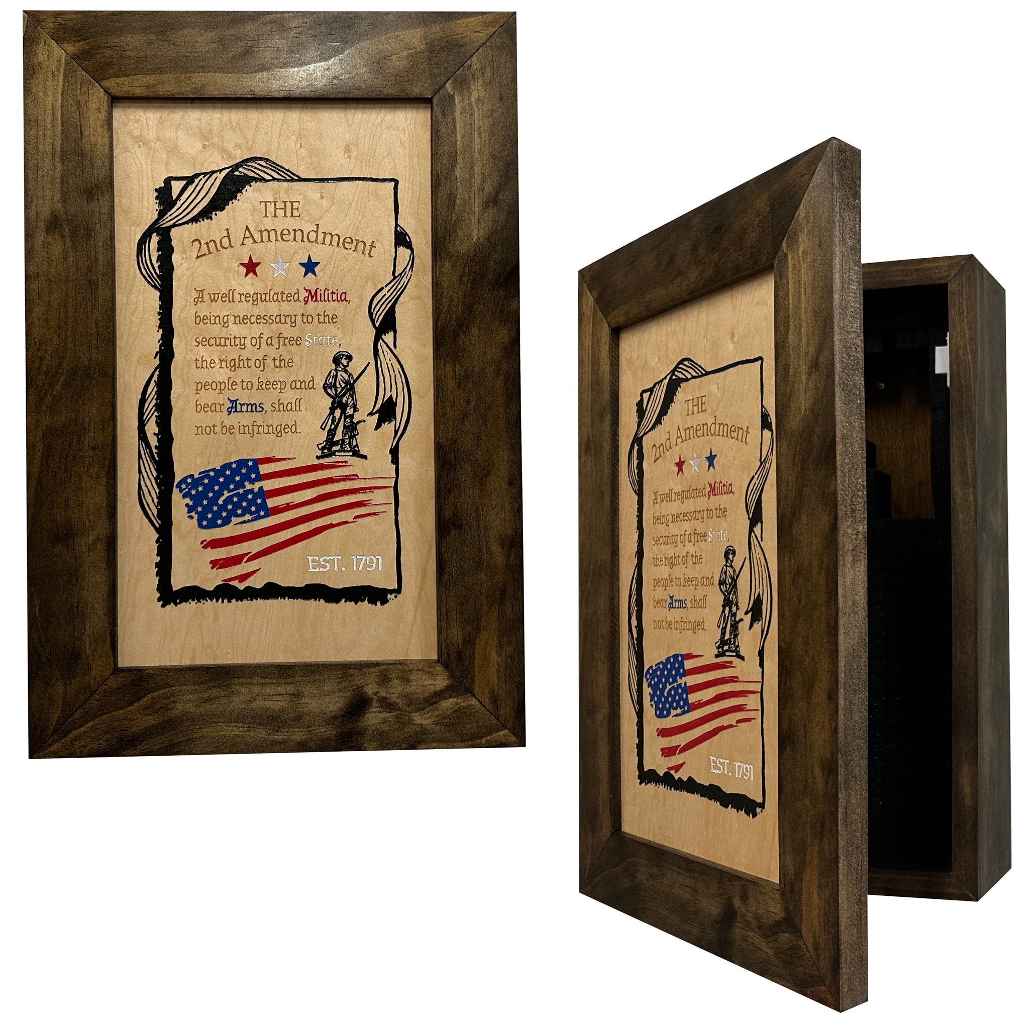 Bellewood Designs 2nd Amendment hidden gun cabinet shown closed and open with engraved scroll and American flag