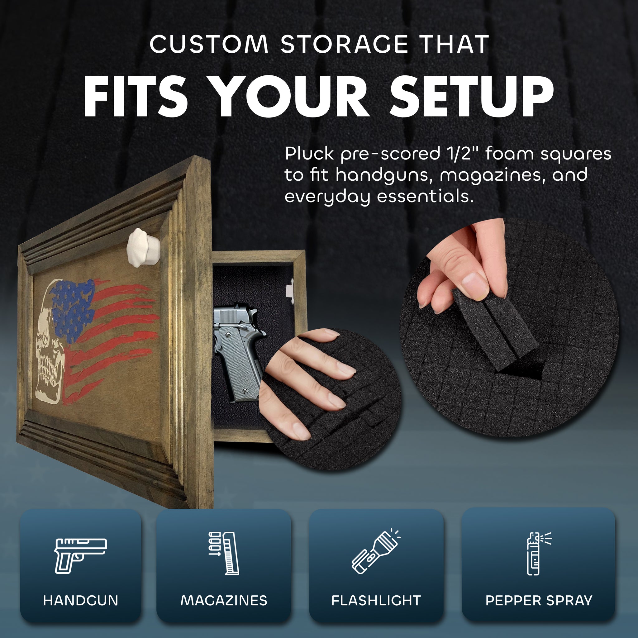 American flag skull hidden gun cabinet custom pre-scored foam fits handgun magazines flashlight and pepper spray