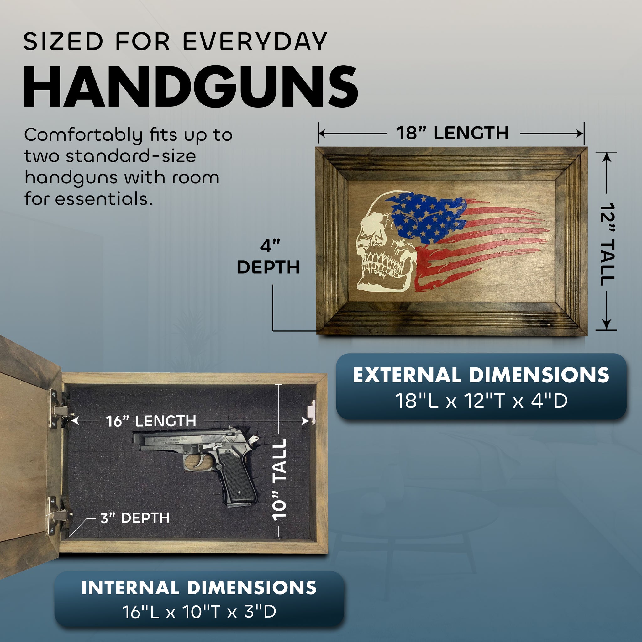 American flag skull hidden gun cabinet dimensions 18x12x4 inches exterior 16x10x3 inches interior