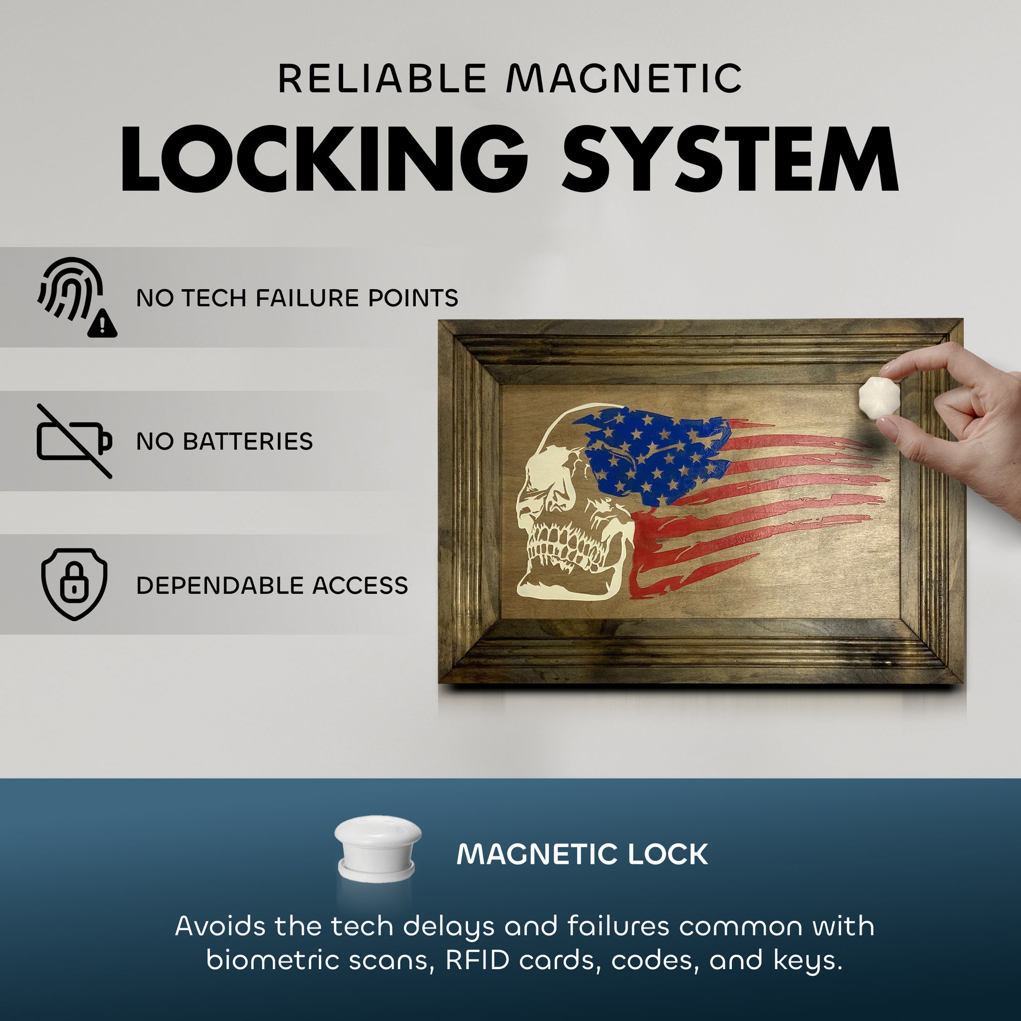 American flag skull hidden gun cabinet reliable magnetic locking system no batteries no tech failure points