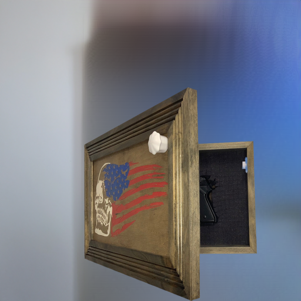 Bellewood Designs American flag skull hidden gun cabinet wall mounted side profile open with stored handgun