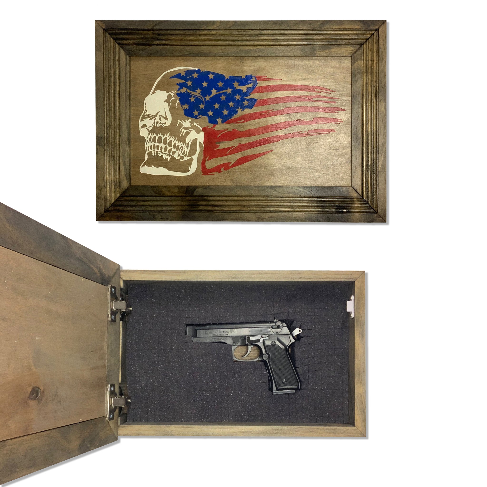 Bellewood Designs American flag skull hidden gun cabinet shown closed and open with stored handgun