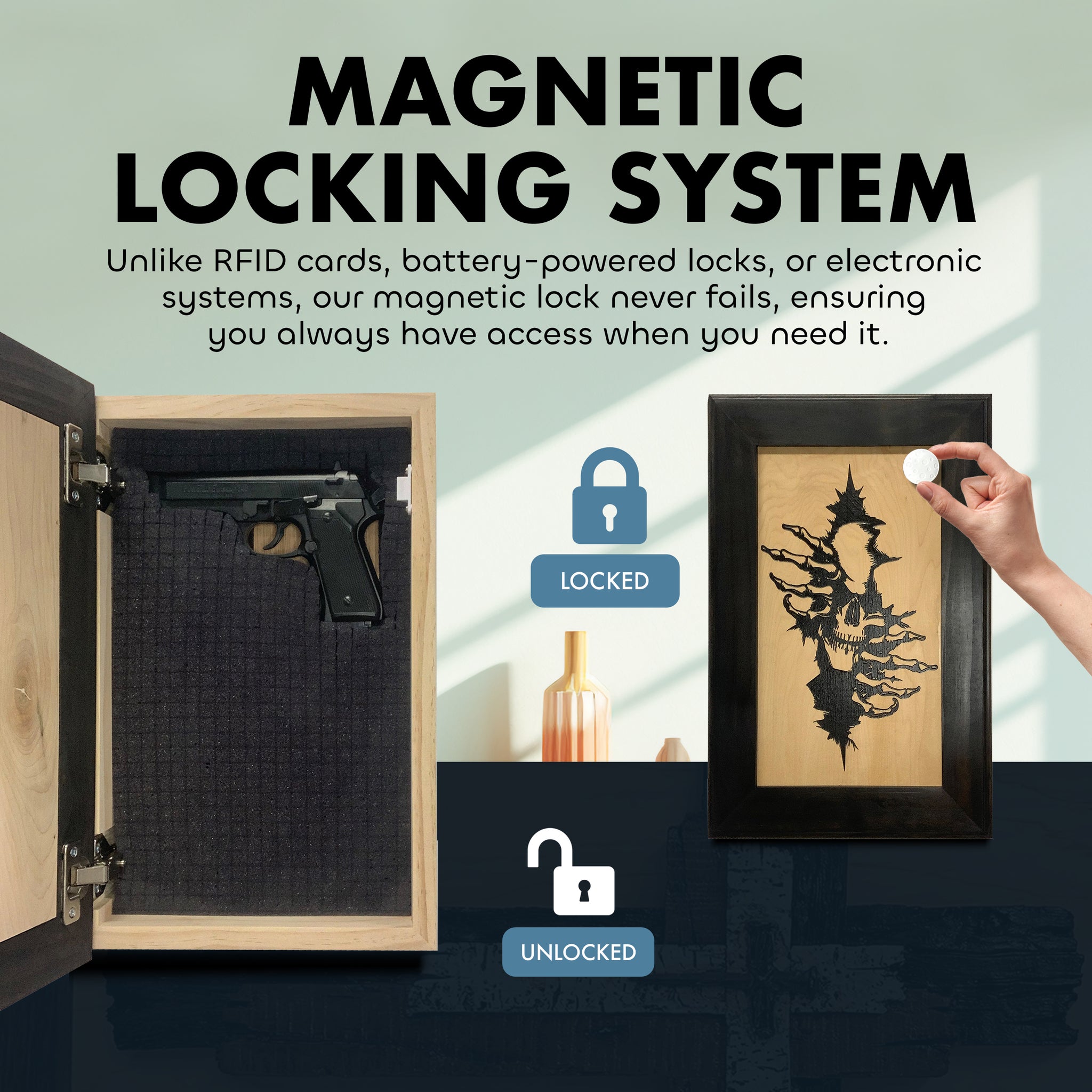 Gothic skull claw hidden gun cabinet showing magnetic locking system locked and unlocked positions | Bellewood Designs