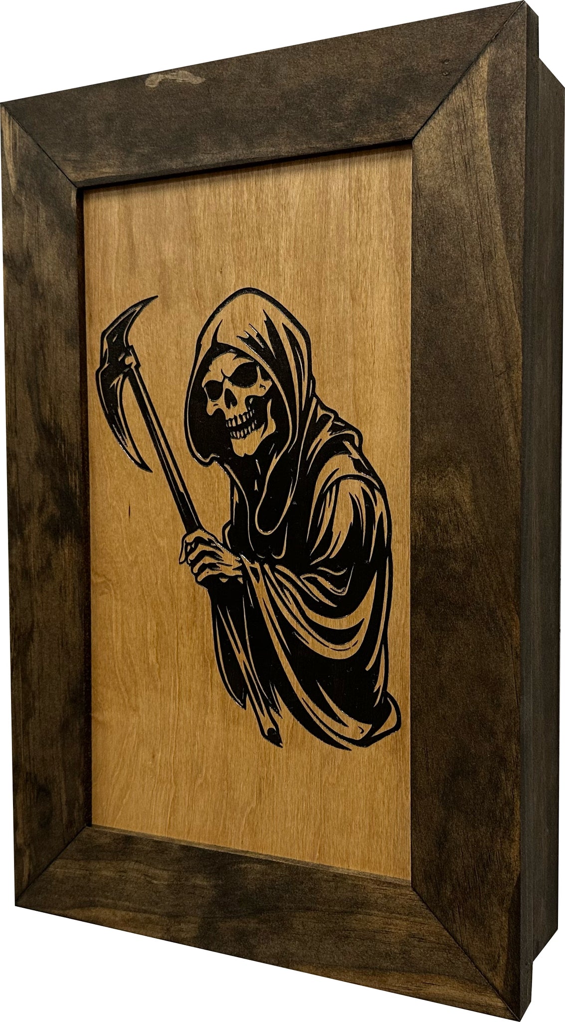 Bellewood Designs grim reaper hidden gun cabinet angled view showing dark wood frame depth and construction