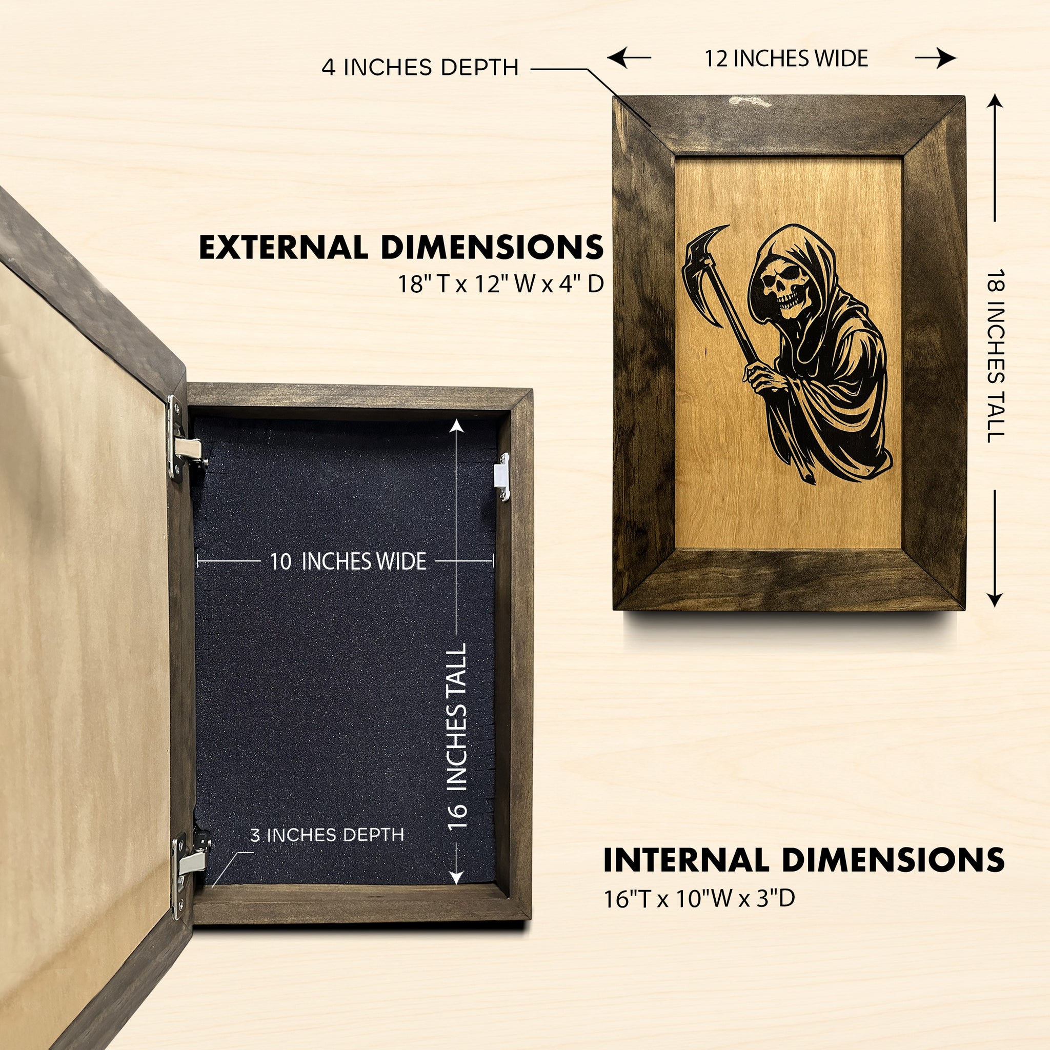 Grim reaper hidden gun cabinet dimensions 18x12x4 inches exterior 16x10x3 inches interior | Bellewood Designs