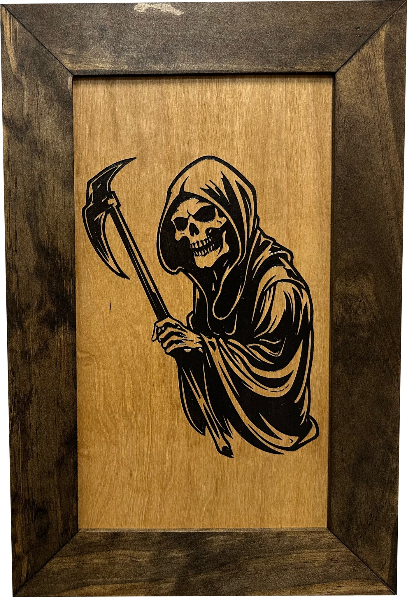 Bellewood Designs grim reaper hidden gun cabinet front view with dark wood frame and natural wood panel