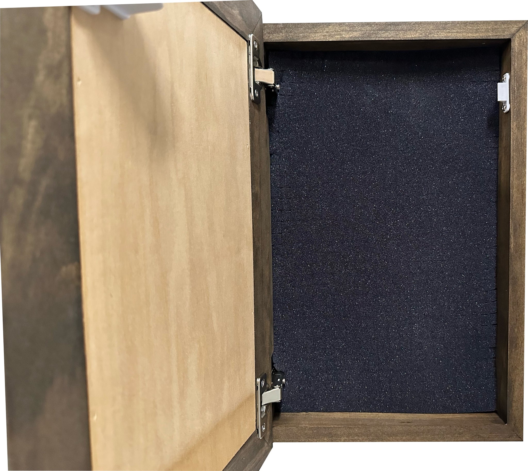 Bellewood Designs grim reaper hidden gun cabinet empty interior with dark foam lining and metal hinges