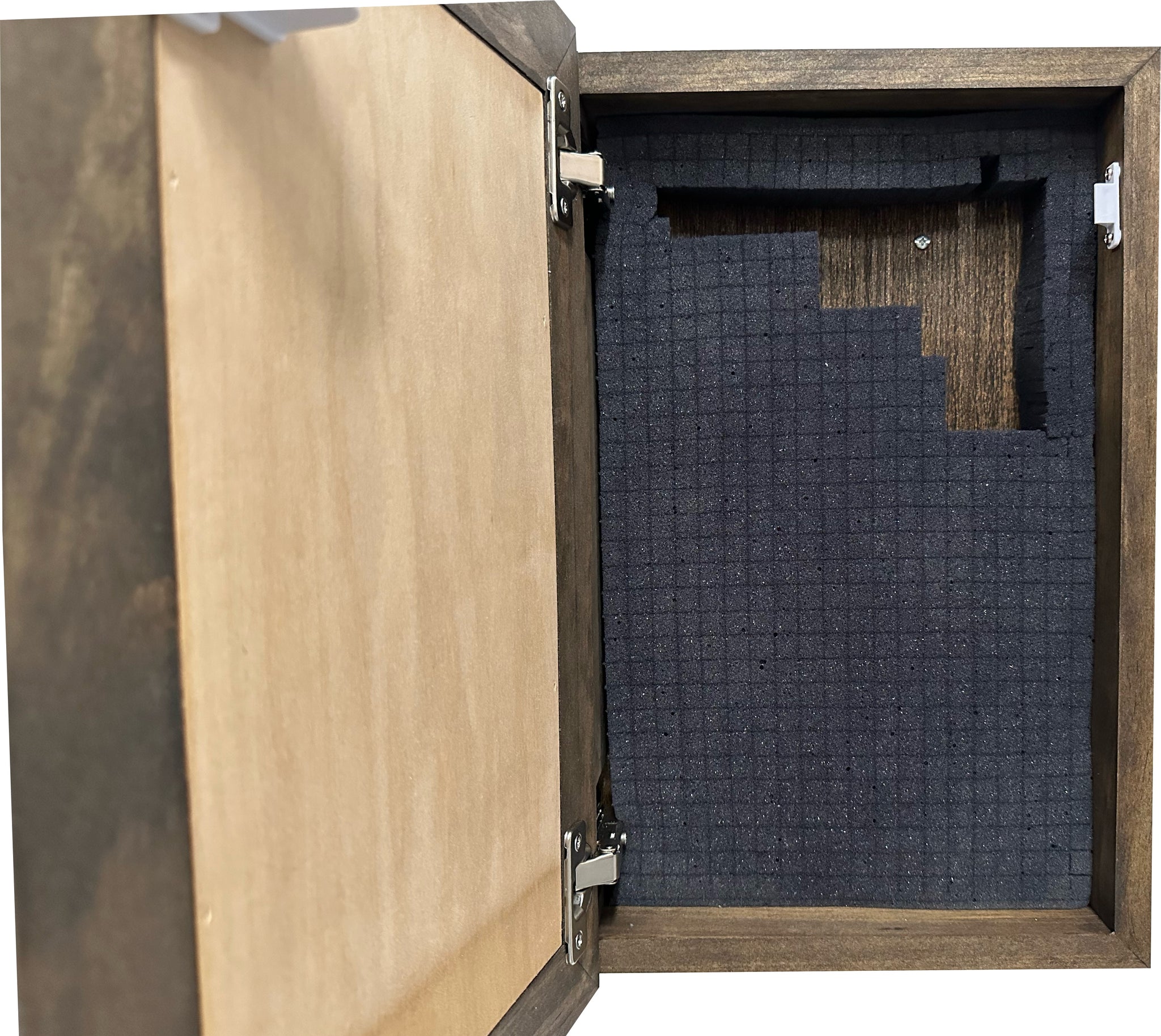 Bellewood Designs grim reaper hidden gun cabinet interior showing pre-scored foam lining and hinges
