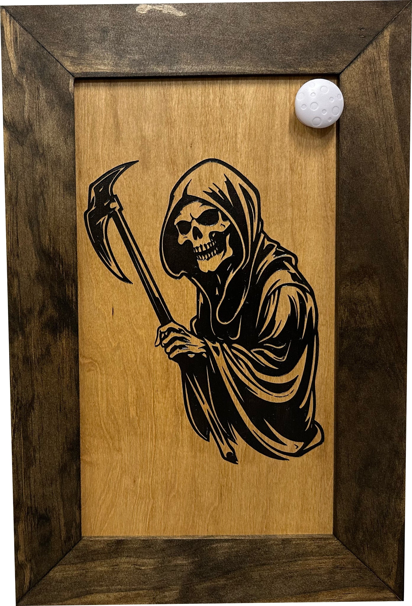 Bellewood Designs grim reaper hidden gun cabinet front view with magnetic key attached to wood frame