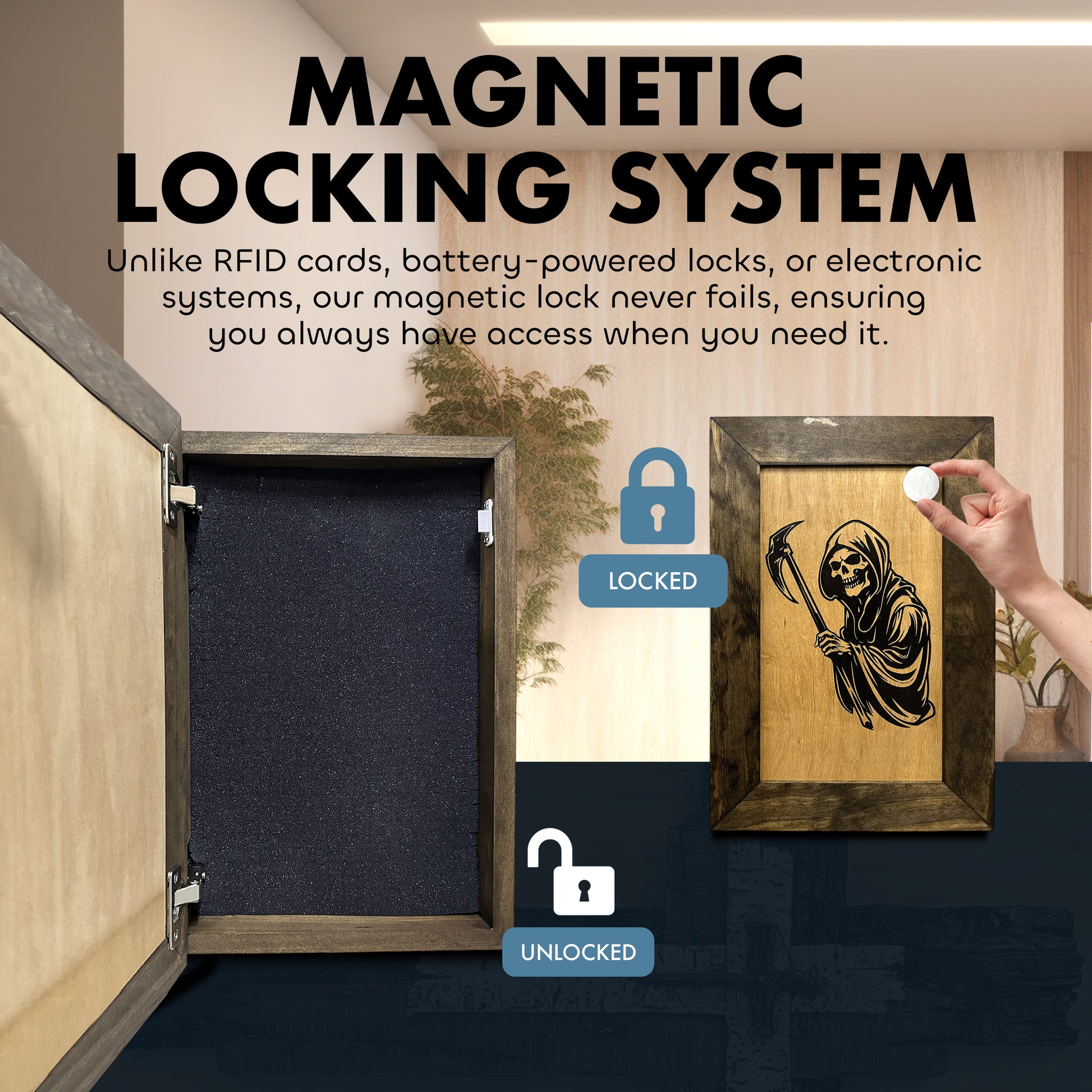 Grim reaper hidden gun cabinet showing magnetic locking system locked and unlocked positions | Bellewood Designs