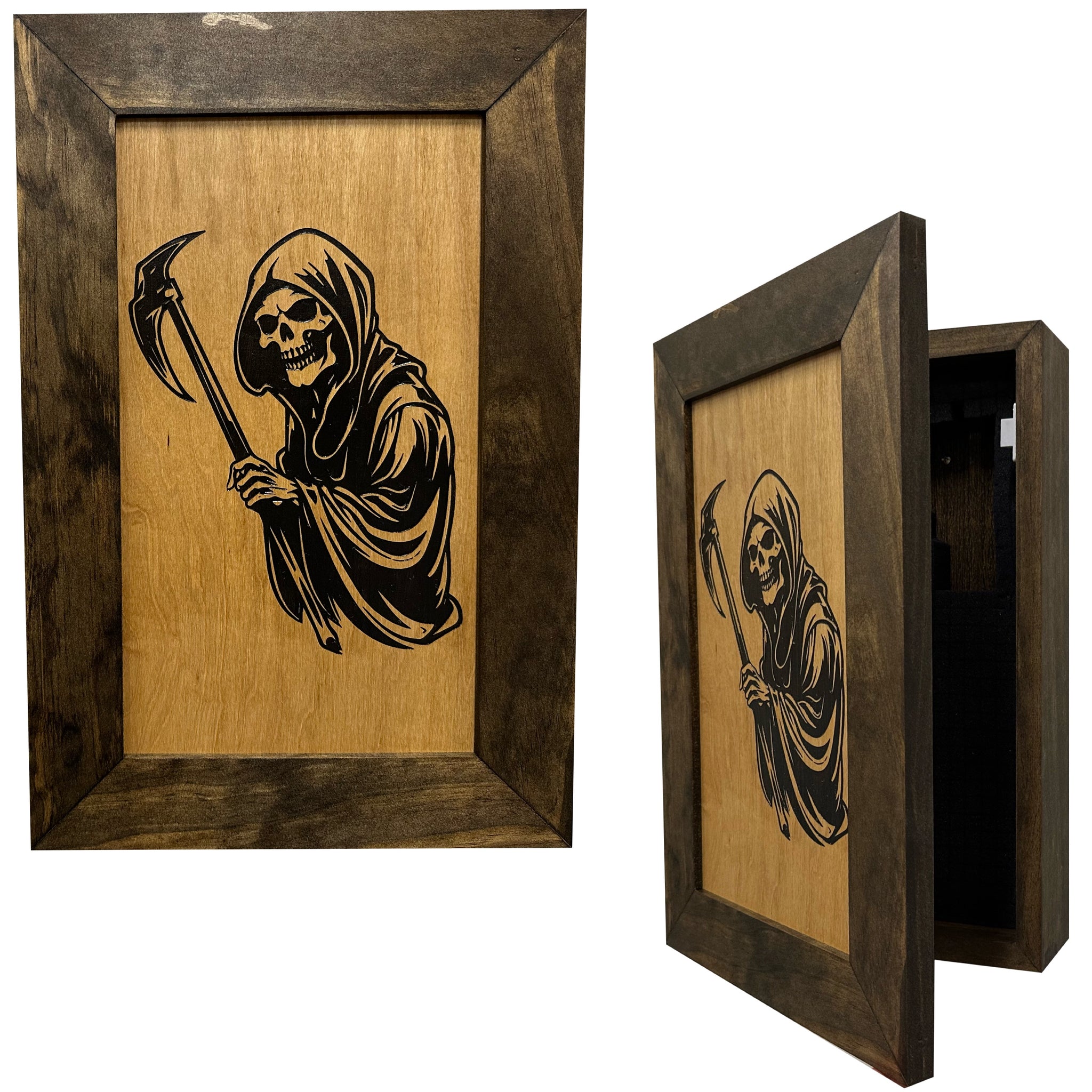 Bellewood Designs grim reaper hidden gun cabinet shown closed and open revealing concealed storage compartment