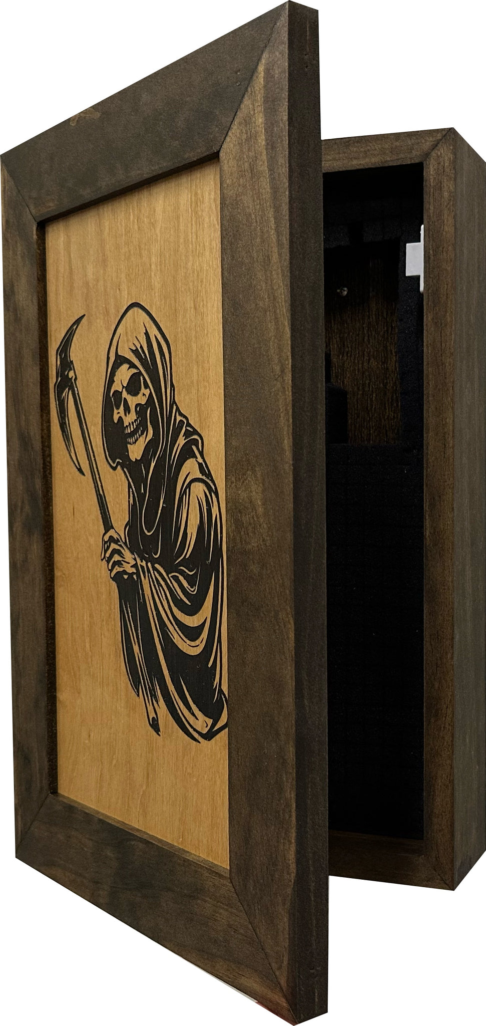 Bellewood Designs grim reaper hidden gun cabinet side view open showing concealed storage compartment