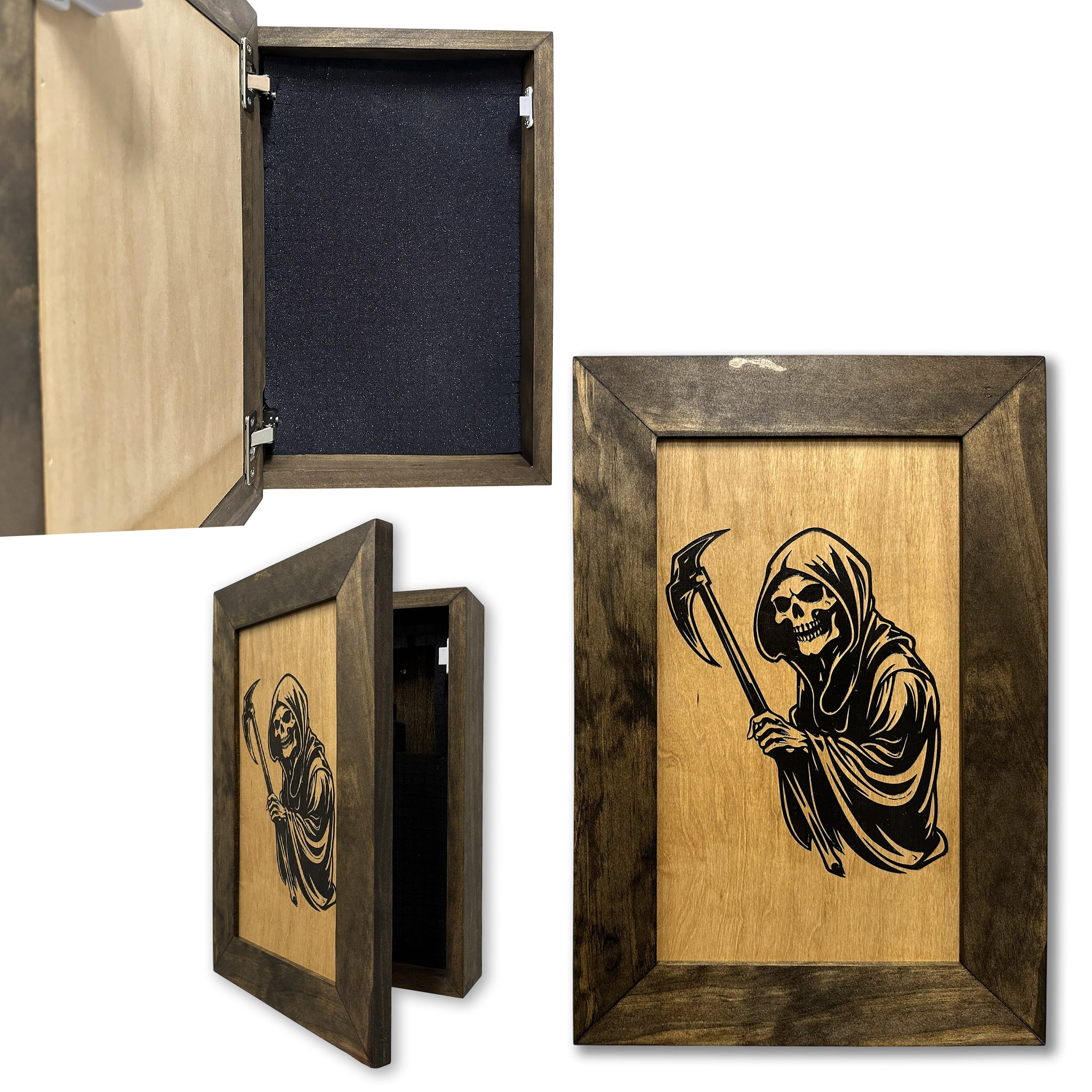 Bellewood Designs grim reaper hidden gun cabinet wall art shown open closed and interior foam lining