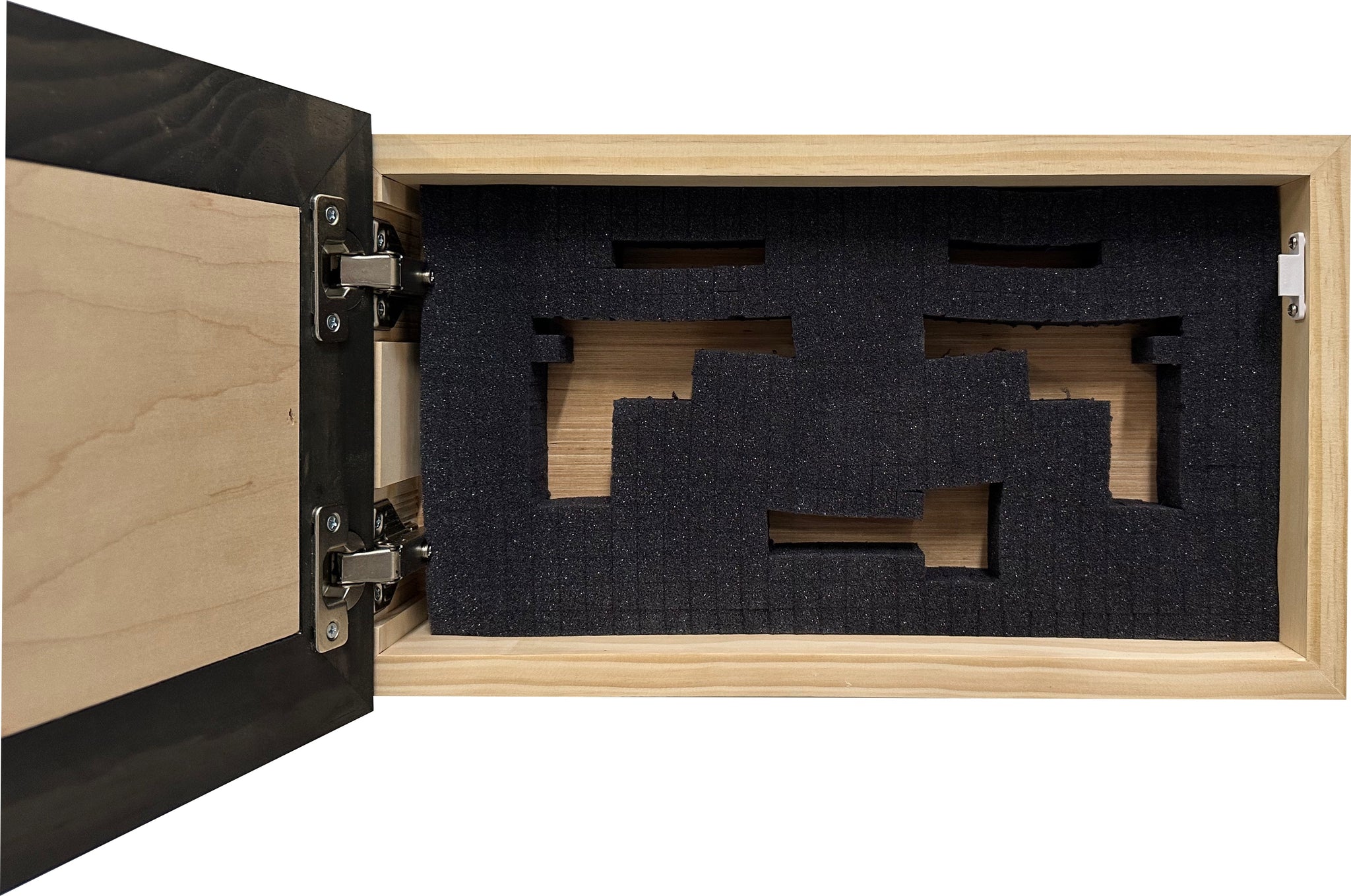 Bellewood Designs hidden gun cabinet interior with pluck foam handgun cutouts and metal hinges in black and natural wood
