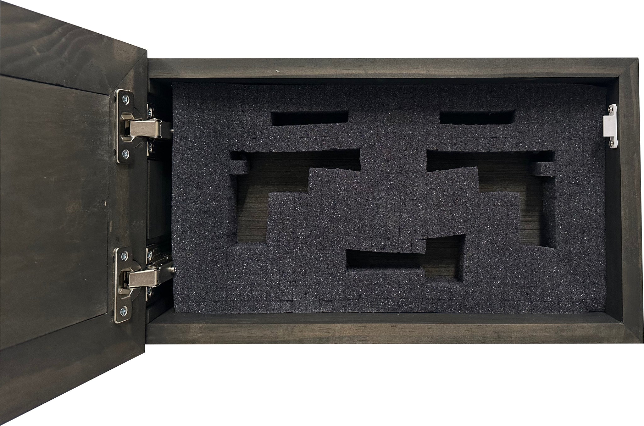 Bellewood Designs hidden gun cabinet interior with pluck foam handgun cutouts and metal hinges in black finish