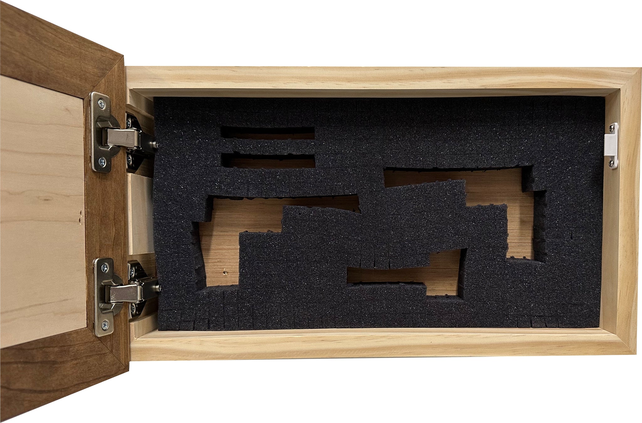Bellewood Designs hidden gun cabinet interior with pluck foam handgun cutouts and metal hinges in early American and natural wood