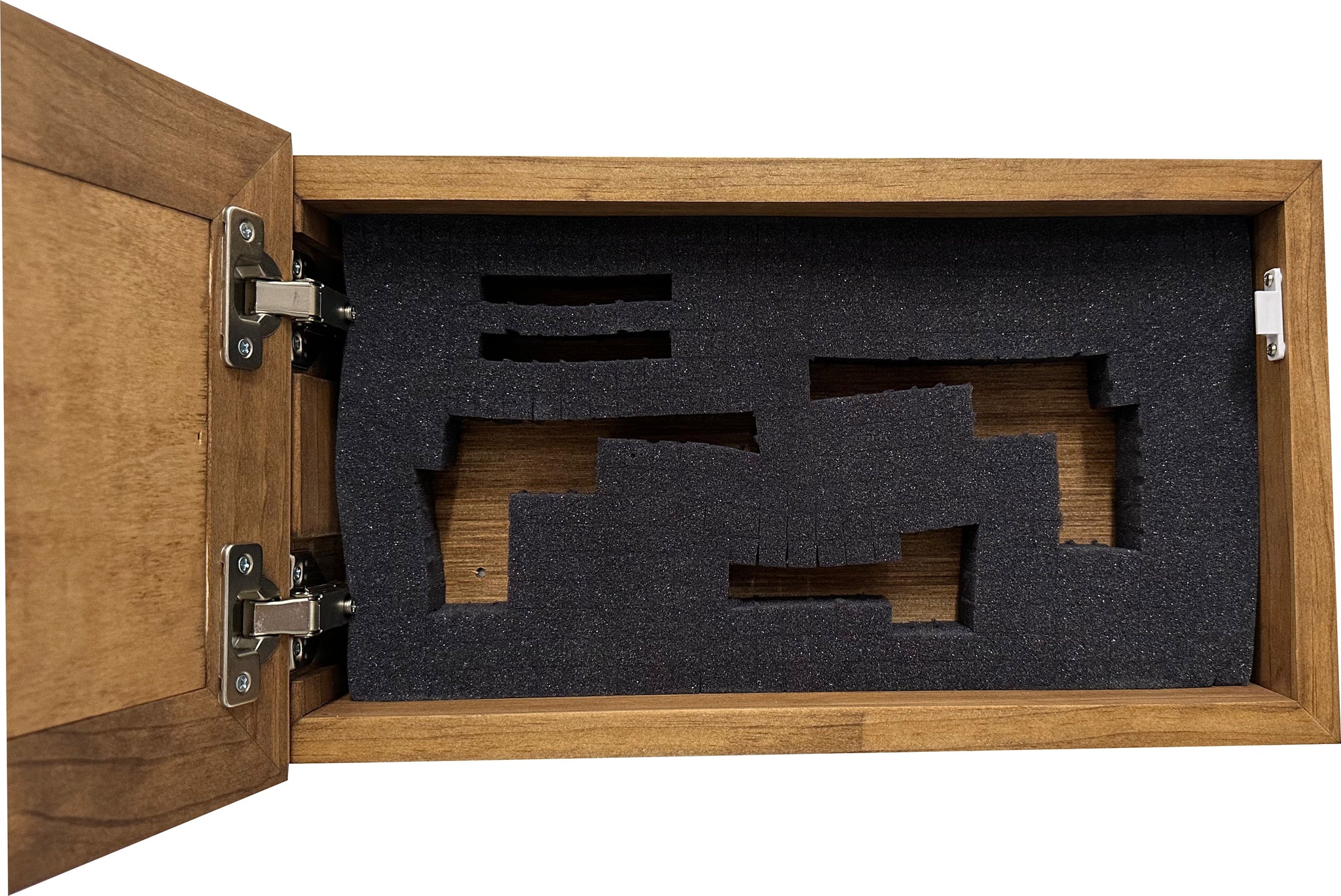 Bellewood Designs hidden gun cabinet interior with pluck foam handgun cutouts and metal hinges in early American finish