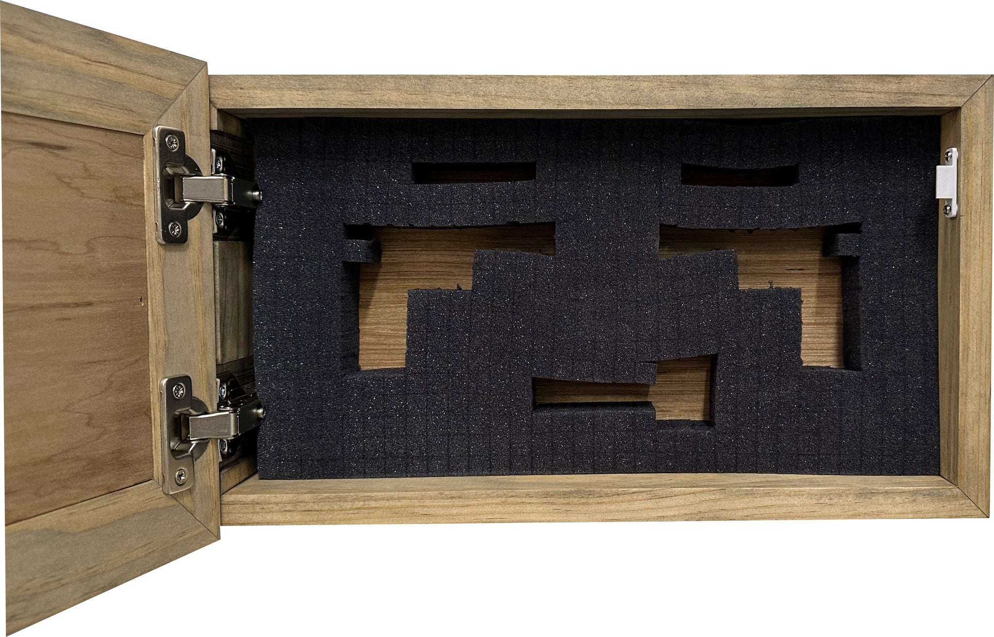 Bellewood Designs hidden gun cabinet interior with pluck foam handgun cutouts and metal hinges in ebony finish