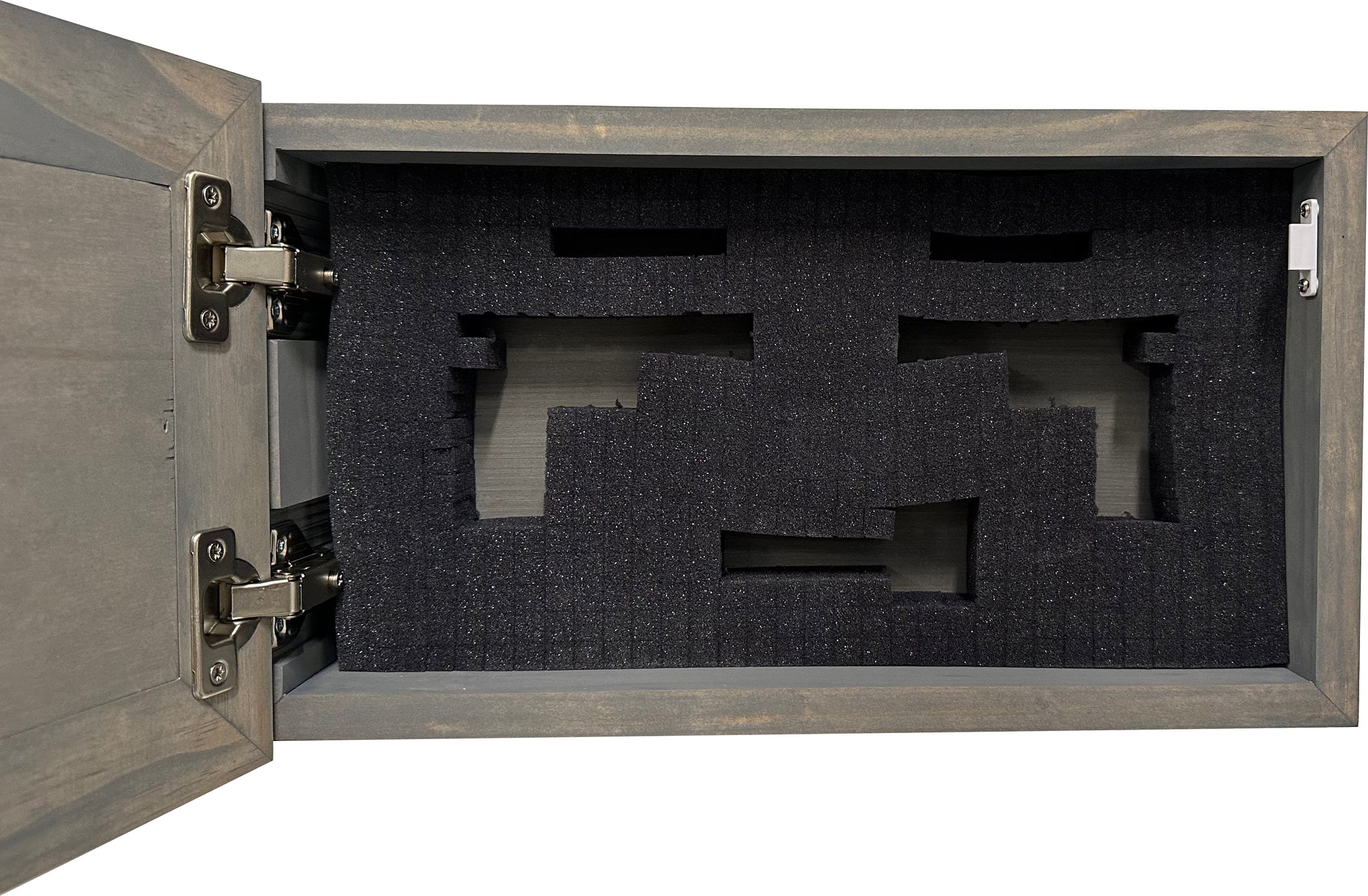 Bellewood Designs hidden gun cabinet interior with pluck foam handgun cutouts and metal hinges in gray wood finish