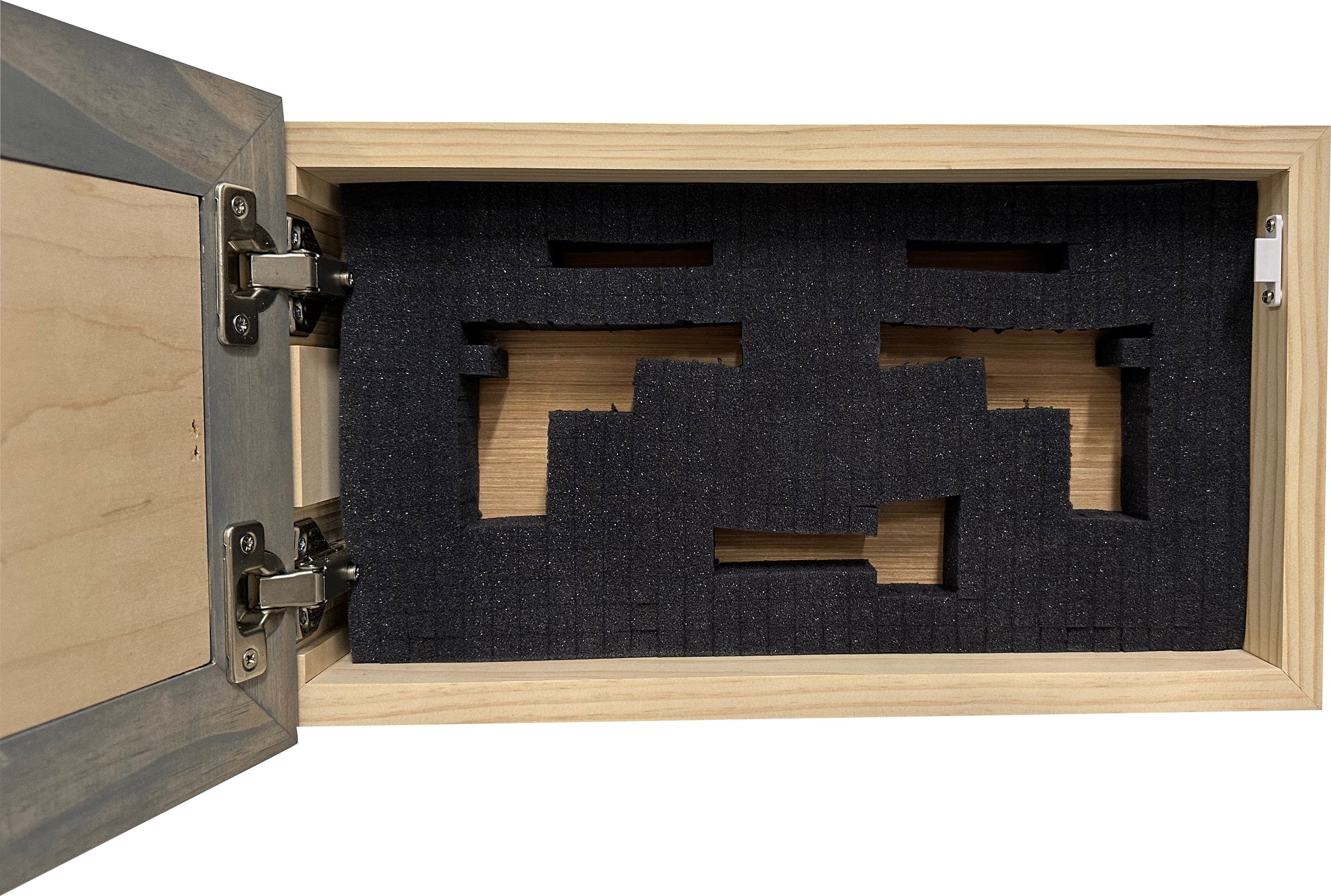 Bellewood Designs hidden gun cabinet interior with pluck foam handgun cutouts and metal hinges in gray and natural wood