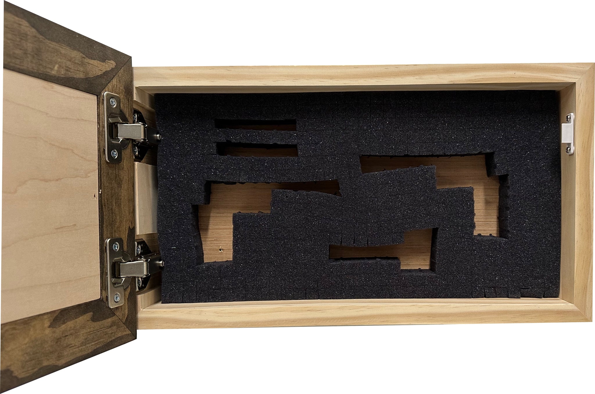 Bellewood Designs hidden gun cabinet interior with pluck foam handgun cutouts and metal hinges in Jacobean and natural wood