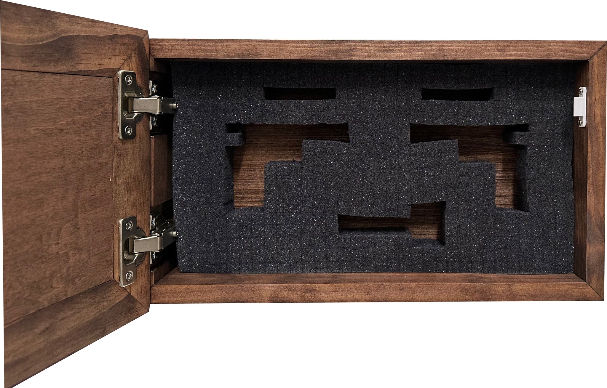 Bellewood Designs hidden gun cabinet interior with pluck foam handgun cutouts and metal hinges in red mahogany finish