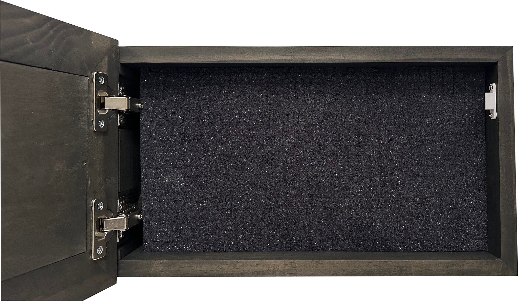 Bellewood Designs hidden gun cabinet interior with foam lining and metal hinges in black wood finish