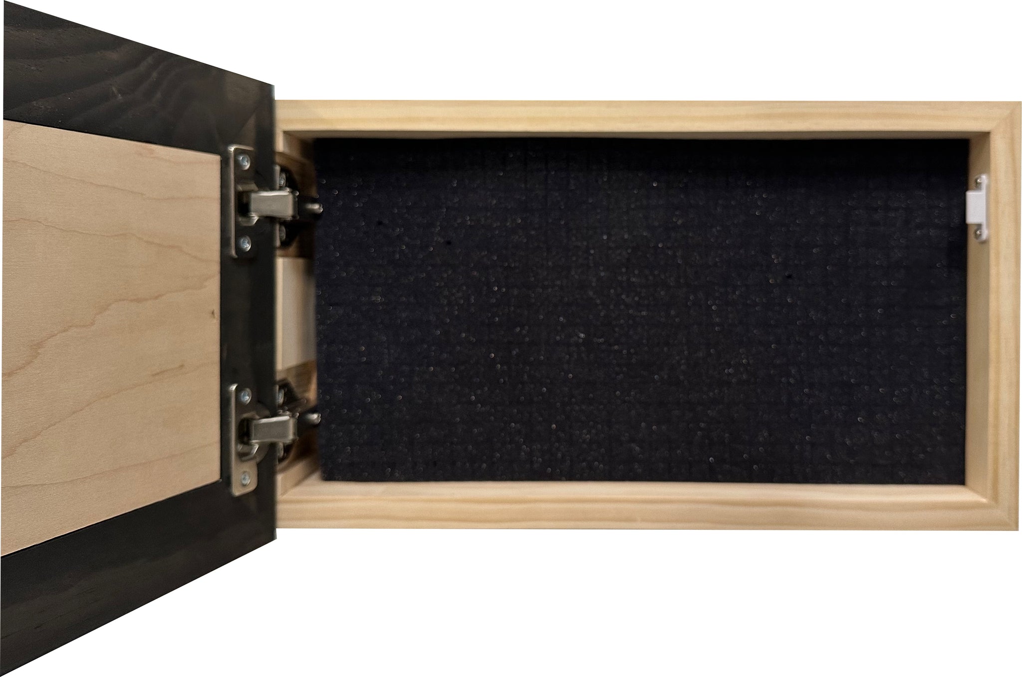Bellewood Designs hidden gun cabinet interior with foam lining and metal hinges in black and natural wood finish