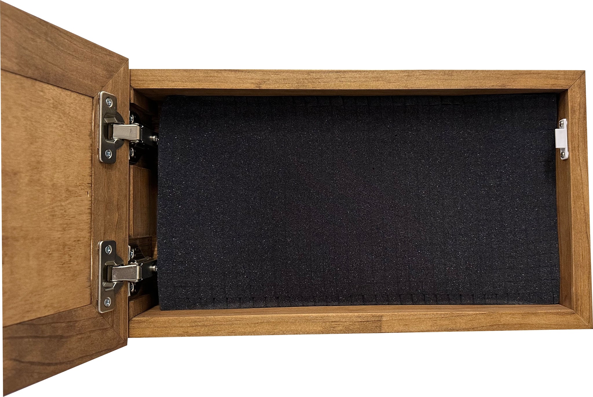 Bellewood Designs hidden gun cabinet interior with foam lining and metal hinges in early American wood finish