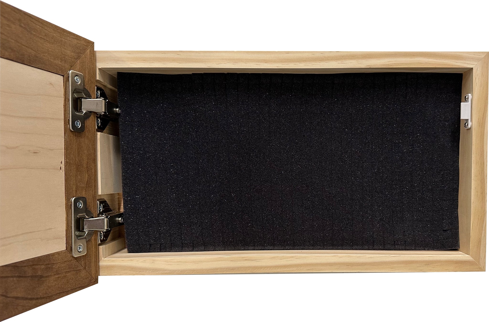 Bellewood Designs hidden gun cabinet interior with foam lining and metal hinges in early American and natural wood finish