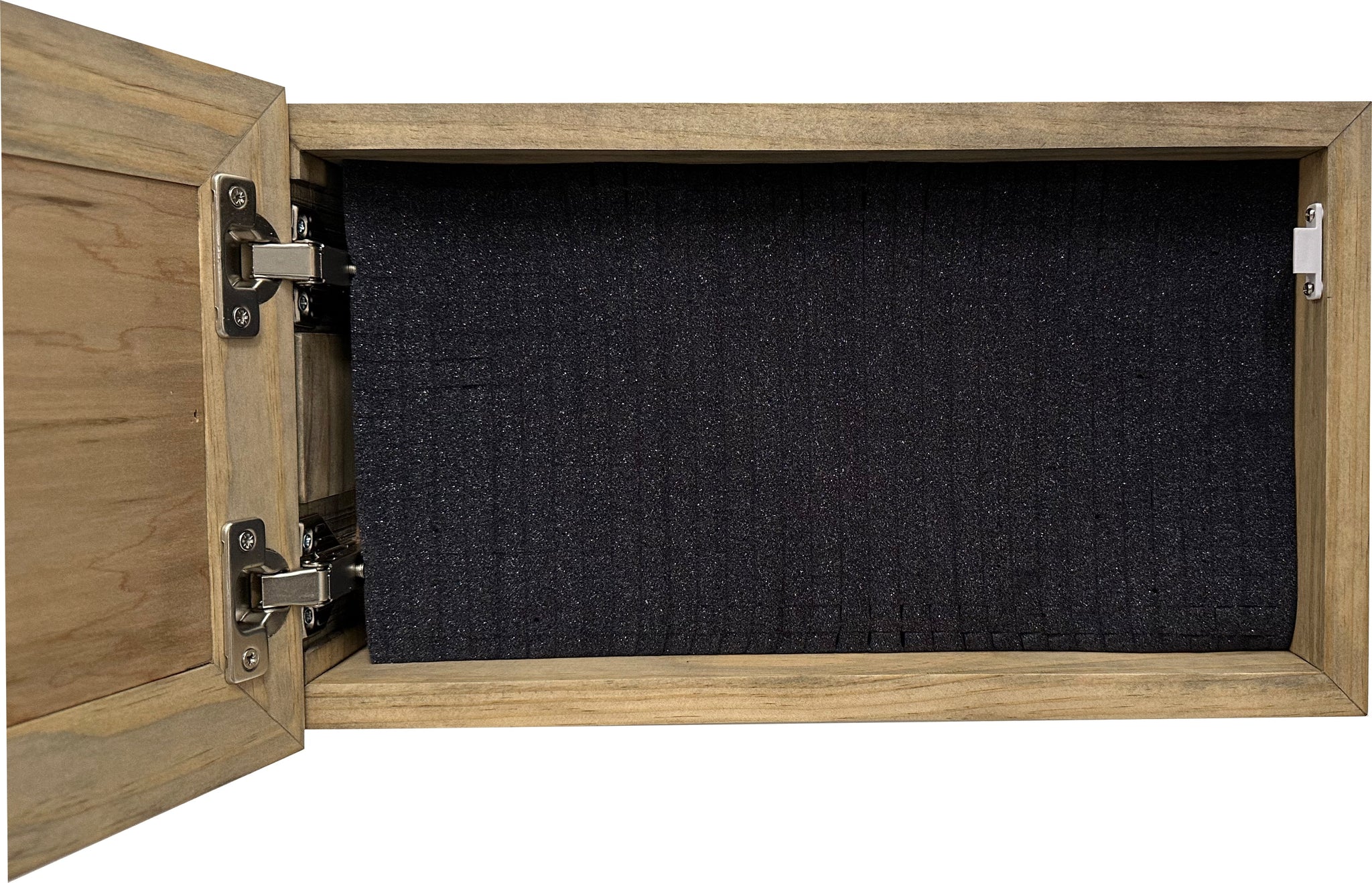Bellewood Designs hidden gun cabinet interior with foam lining and metal hinges in ebony wood finish