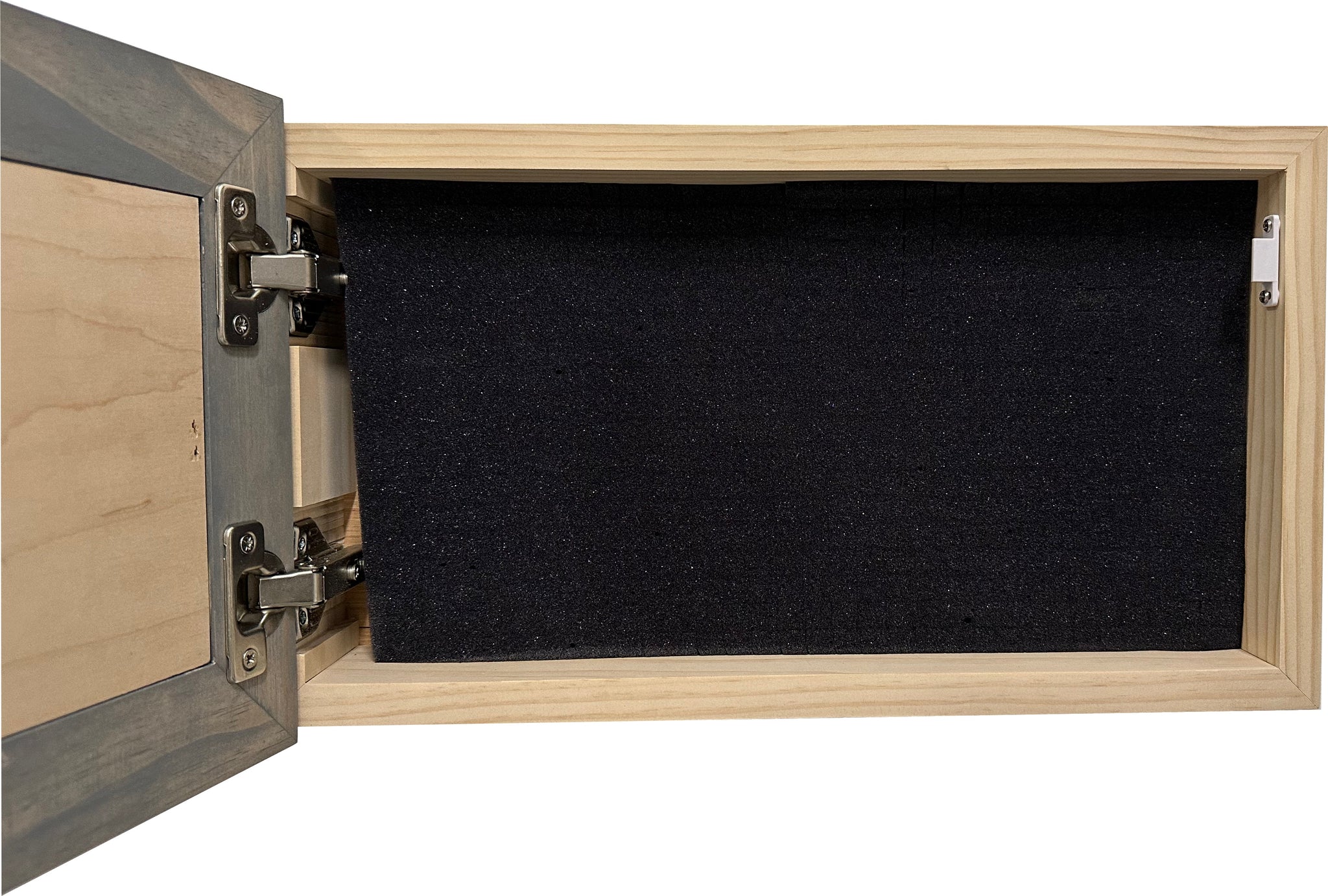 Bellewood Designs hidden gun cabinet interior with foam lining and metal hinges in gray and natural wood finish
